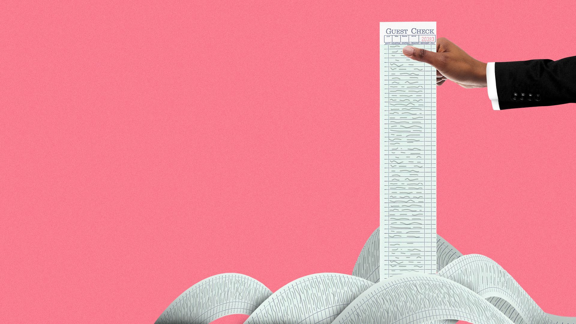 Illustration of a hand holding a super long order check.
