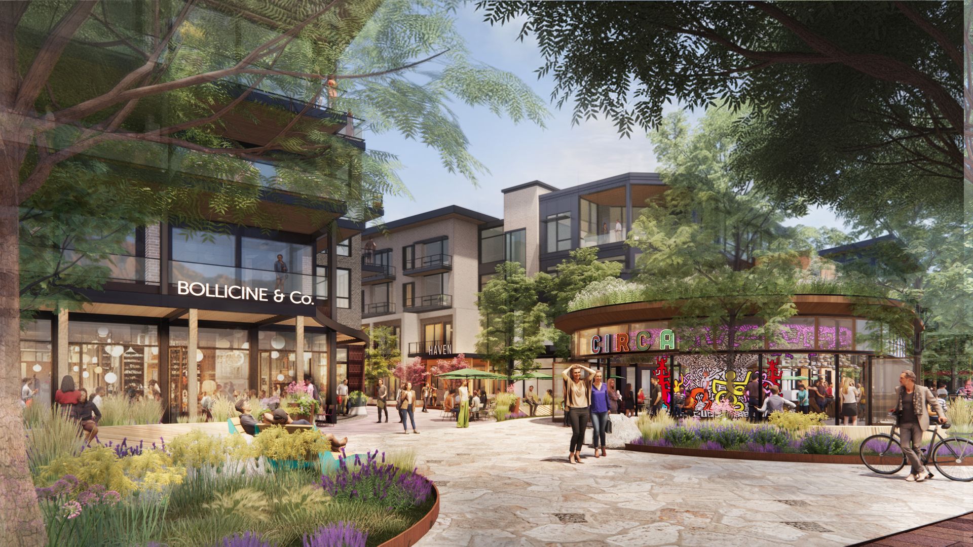 Outdoor urban plaza with people walking and relaxing, surrounded by modern buildings with shops amid lush greenery.
