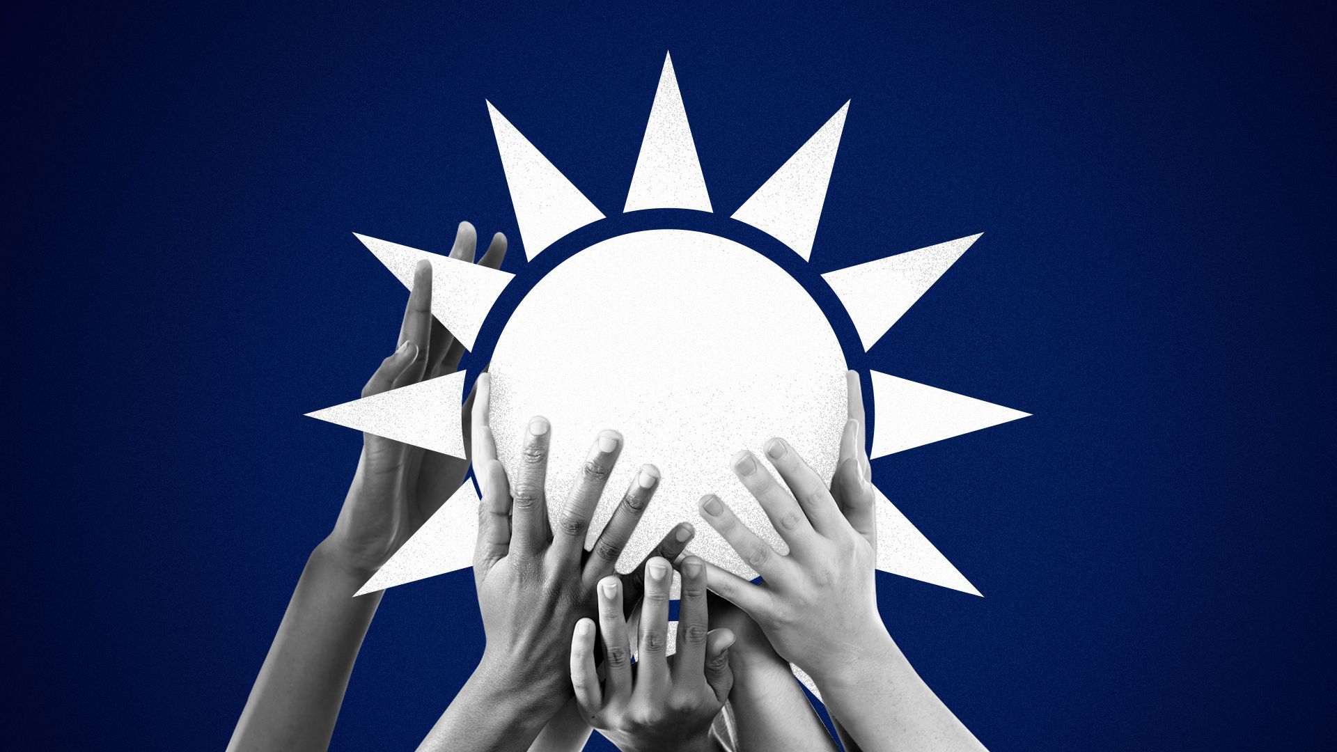 Illustration of hands holding up the Taiwanese sun flag icon, the Blue Sky with a White Sun.