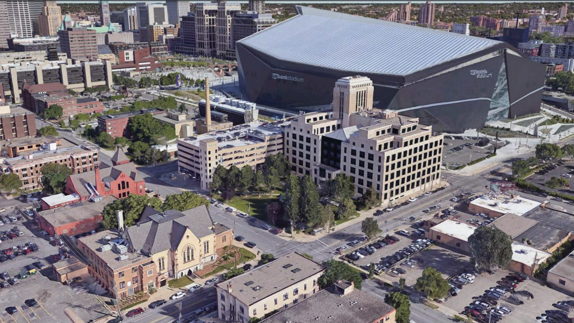 An aerial shot of Minneapolis' Strutwear Knitting Building near U.S. Bank Stadium.