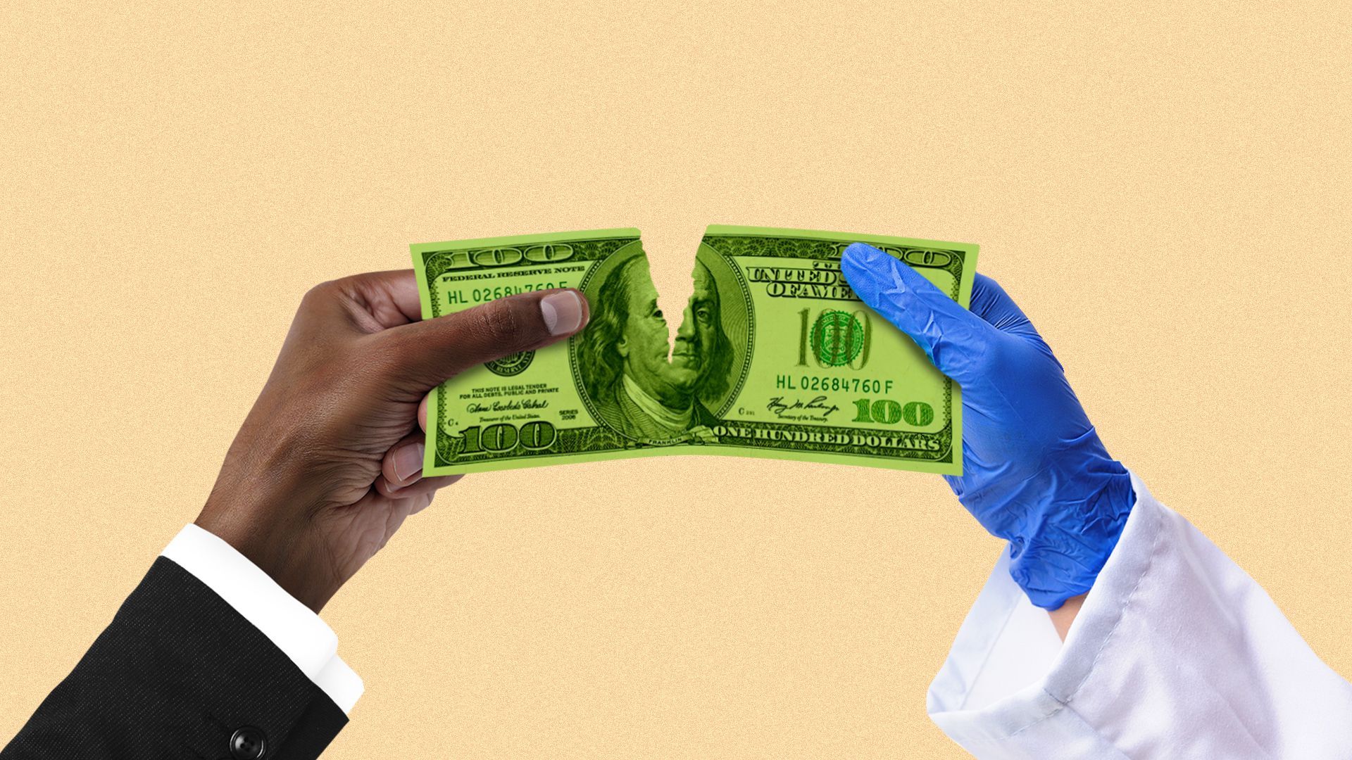 Illustration of a doctor's hand and a business hand tearing a hundred dollar bill in half. 
