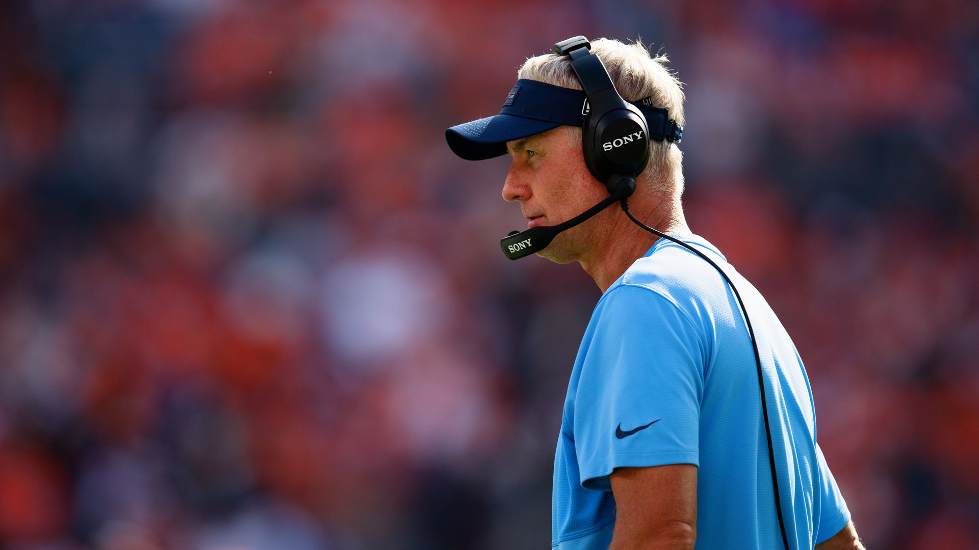 Mike McCoy of the Tennessee Titans looks on from the sidelines during the third quarter against the Denver Broncos at Empower Field at Mile High on September 7, 2025 in Denver, Colorado.