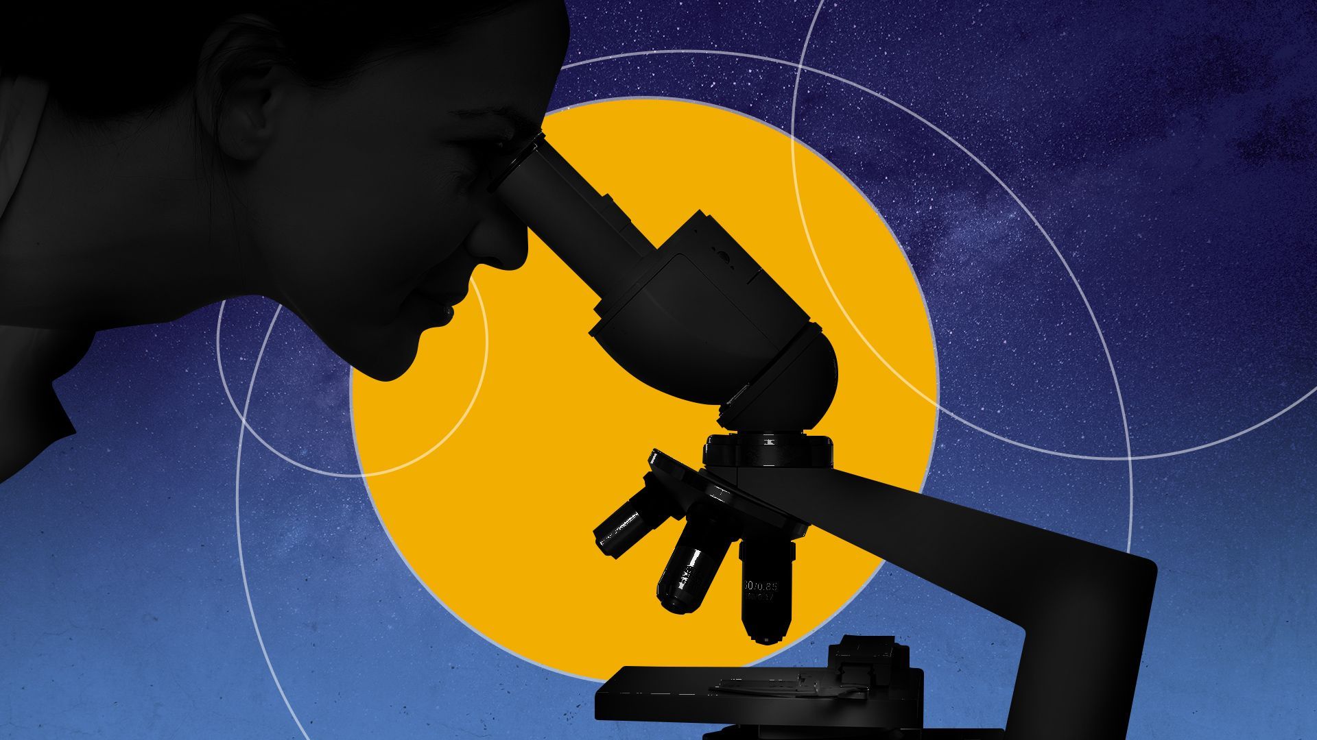 Illustrated collage of a researcher looking through a microscope on a starry background surrounded by circles and orbits. 