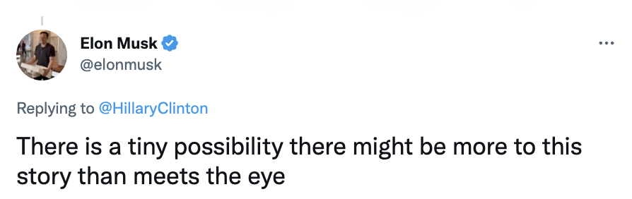 A screenshot of a tweet from Elon Musk in reply to Hillary Clinton.
