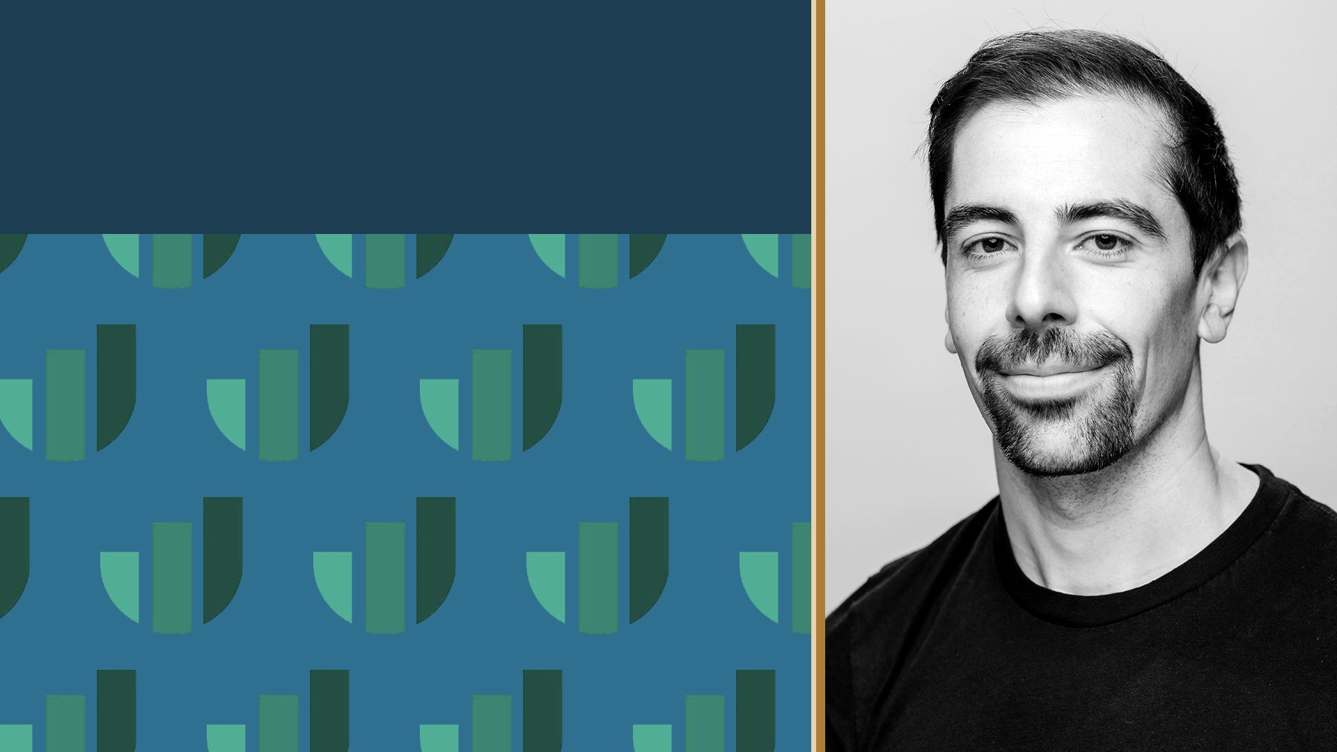 Photo illustration of Rami Karabibar next to colorful rectangels and a pattern of EvenUp logos.