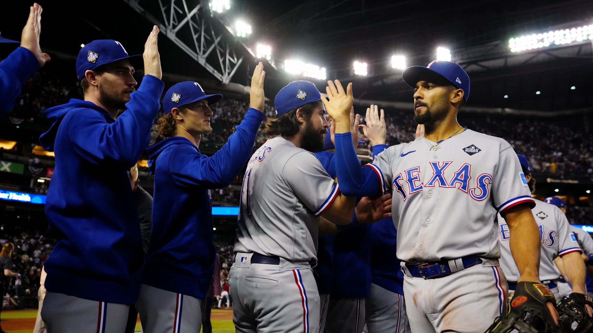 Texas Rangers secondbaseman Marcus Semien celebrates after the team won Game 4 of the World Series