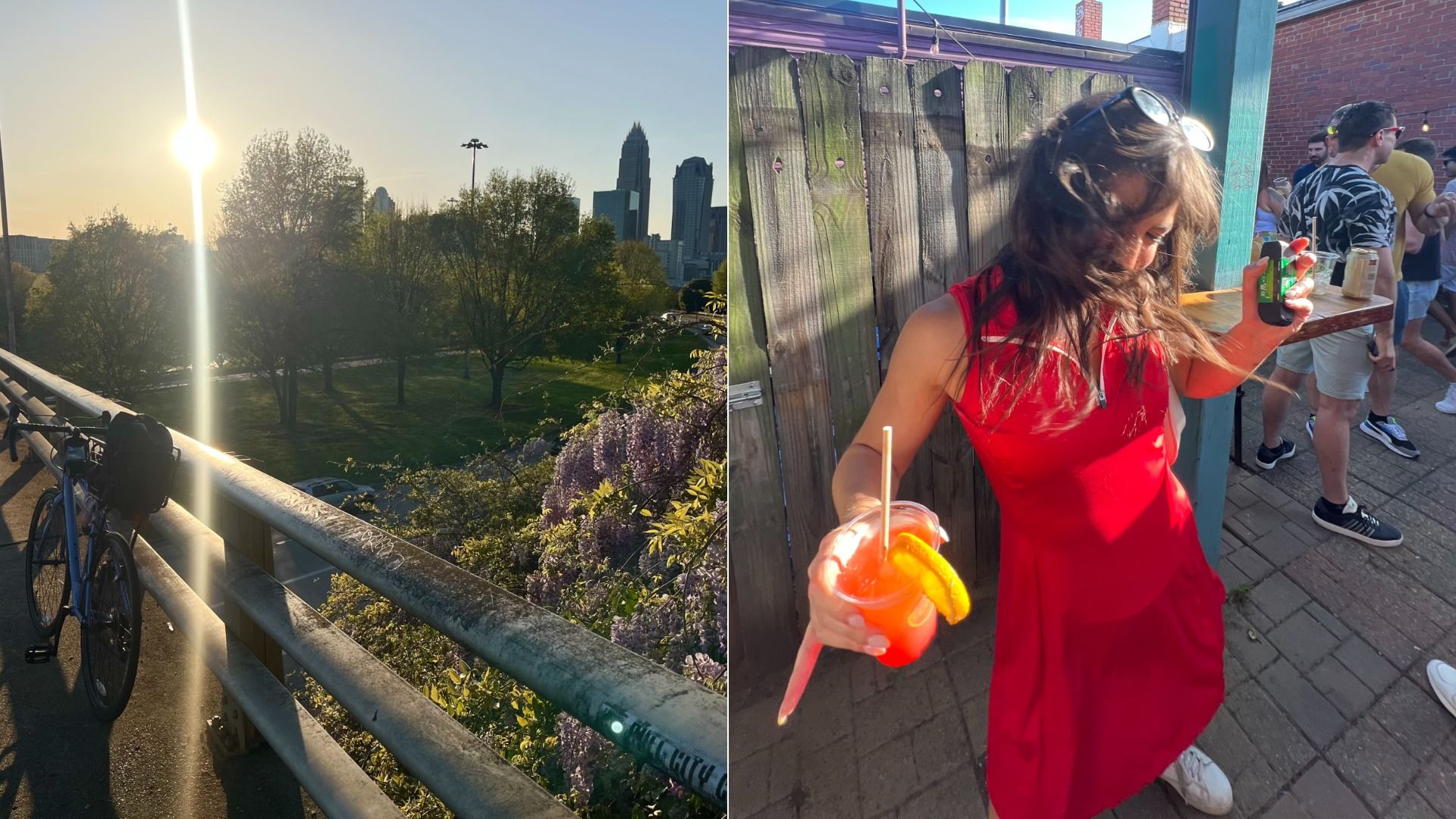 Split image: left shows a sunset city skyline with trees and a bicycle by a railing; sun glare. Right shows a woman in a red dress at an outdoor party, holding an orange drink with a slice, wind-blown hair.