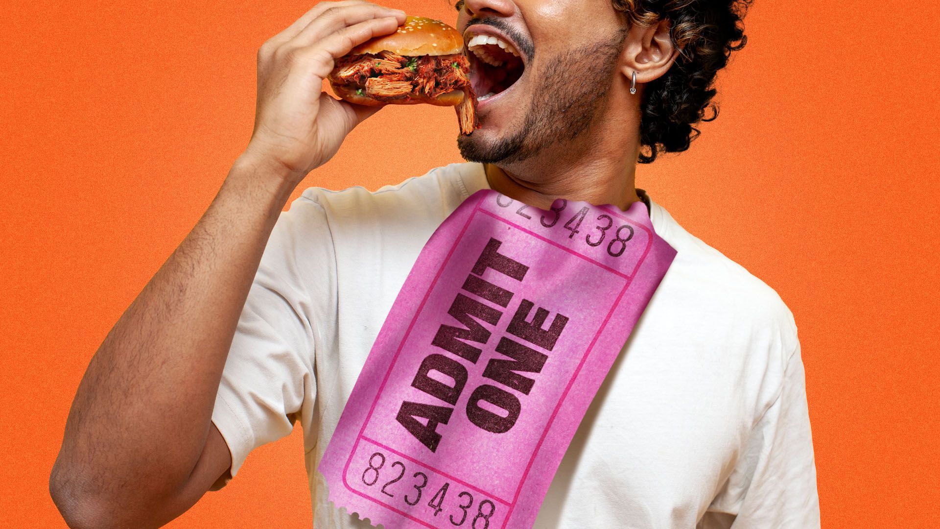 Illustration of a man eating a pulled pork sandwich with a bib in his shirt that's a ticket reading "admit one"