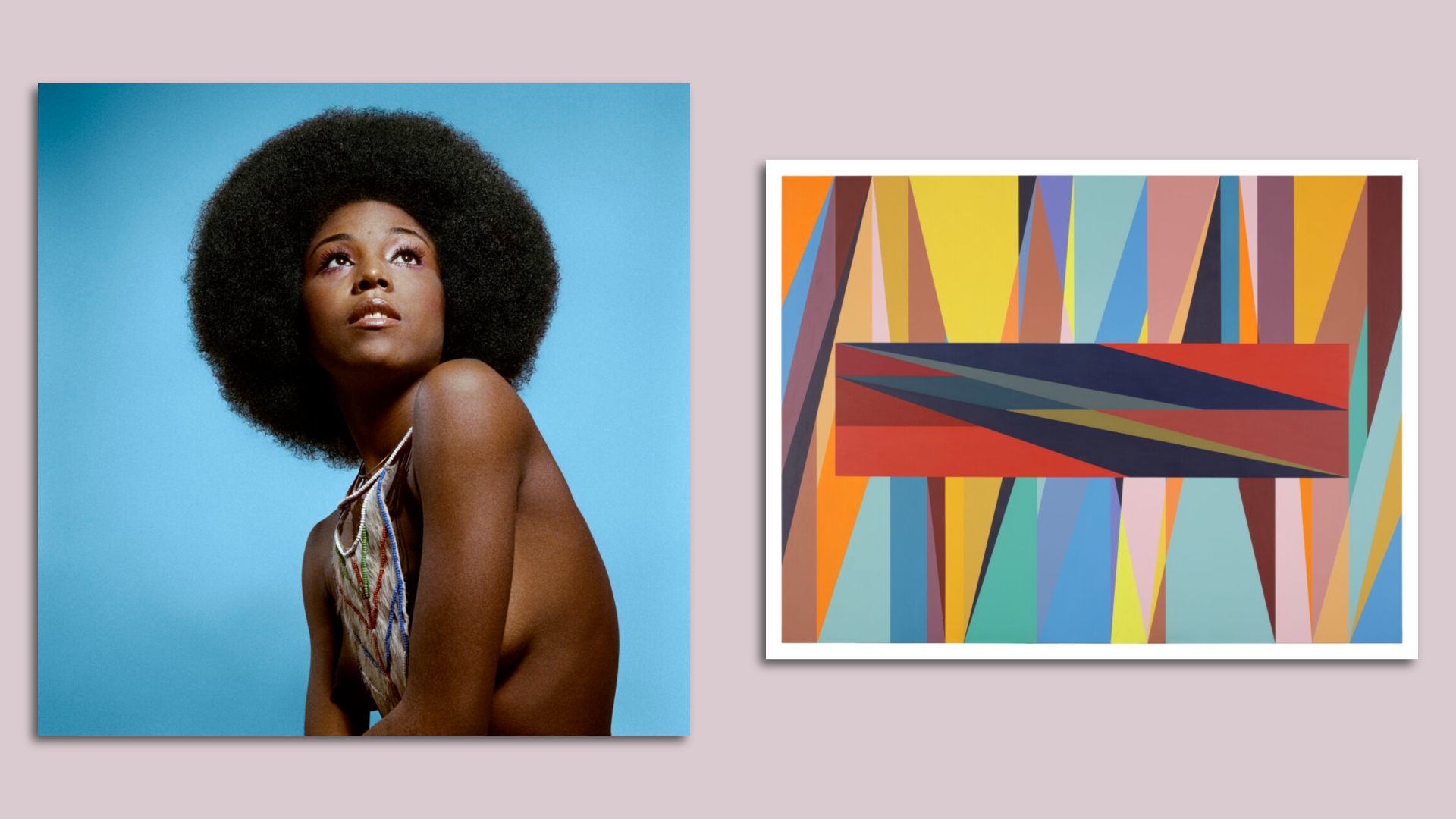 A painting showing an individual looking toward the sky in front of a blue background and an abstract colorful painting of tall triangles with a rectangle made of triangles