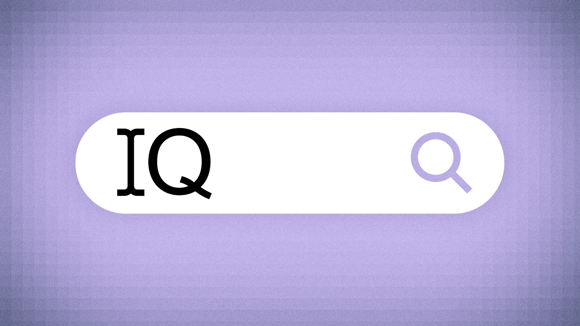 Purple textured background with a white, rounded search bar across the center, showing large black IQ on the left and a purple magnifying glass icon on the right.