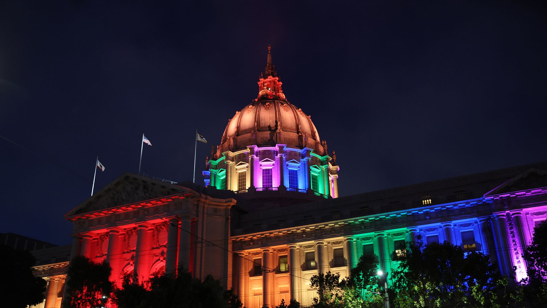 San Francisco's City Hall is illuminated in rainbow colors to kick off Recognition of Pride Week in San Francisco on Monday, June 24, 2024. (Photo by Scott Strazzante/San Francisco Chronicle via Getty Images)