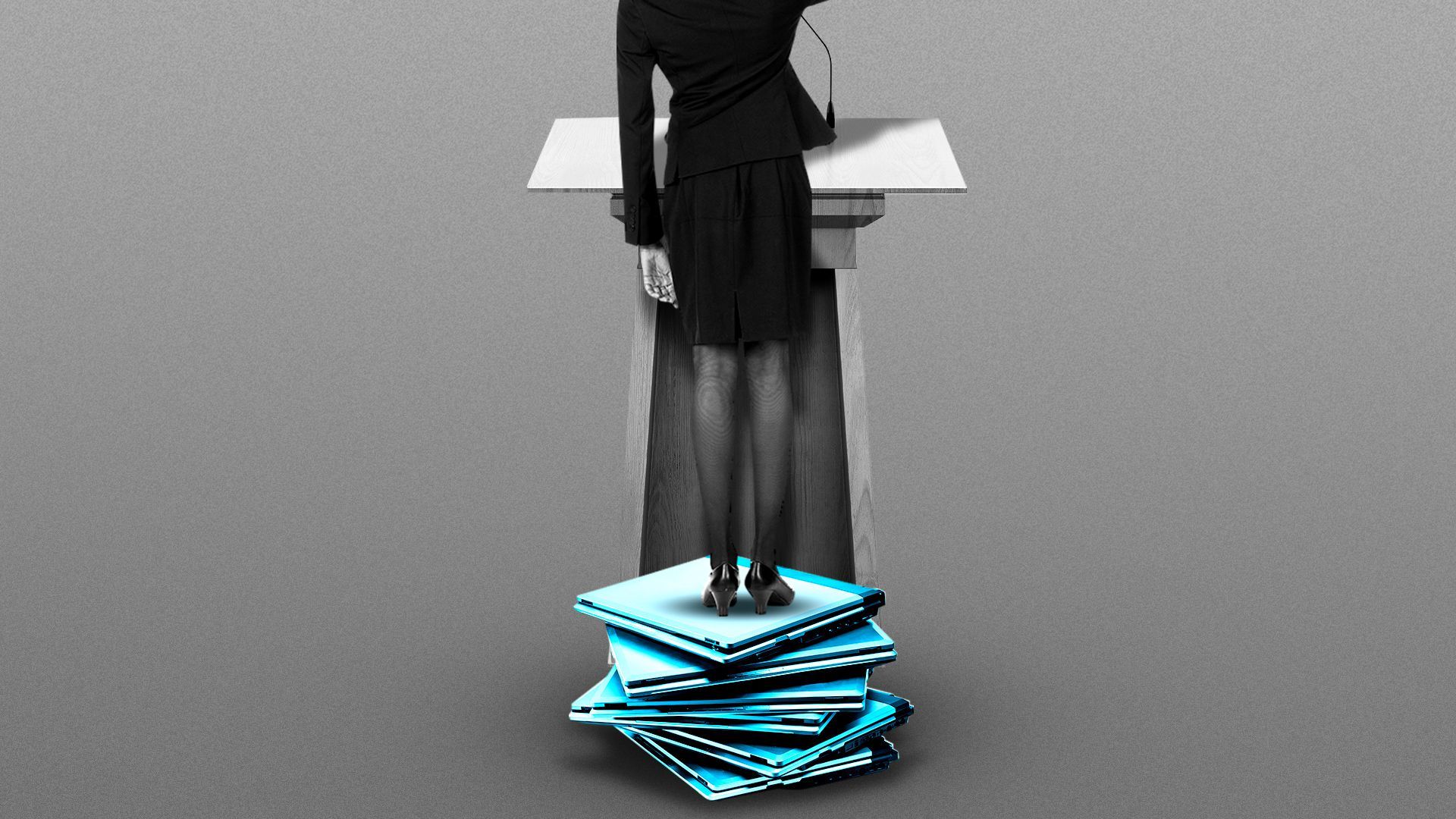 Illustration of a woman at a podium standing on a stack of laptops.  