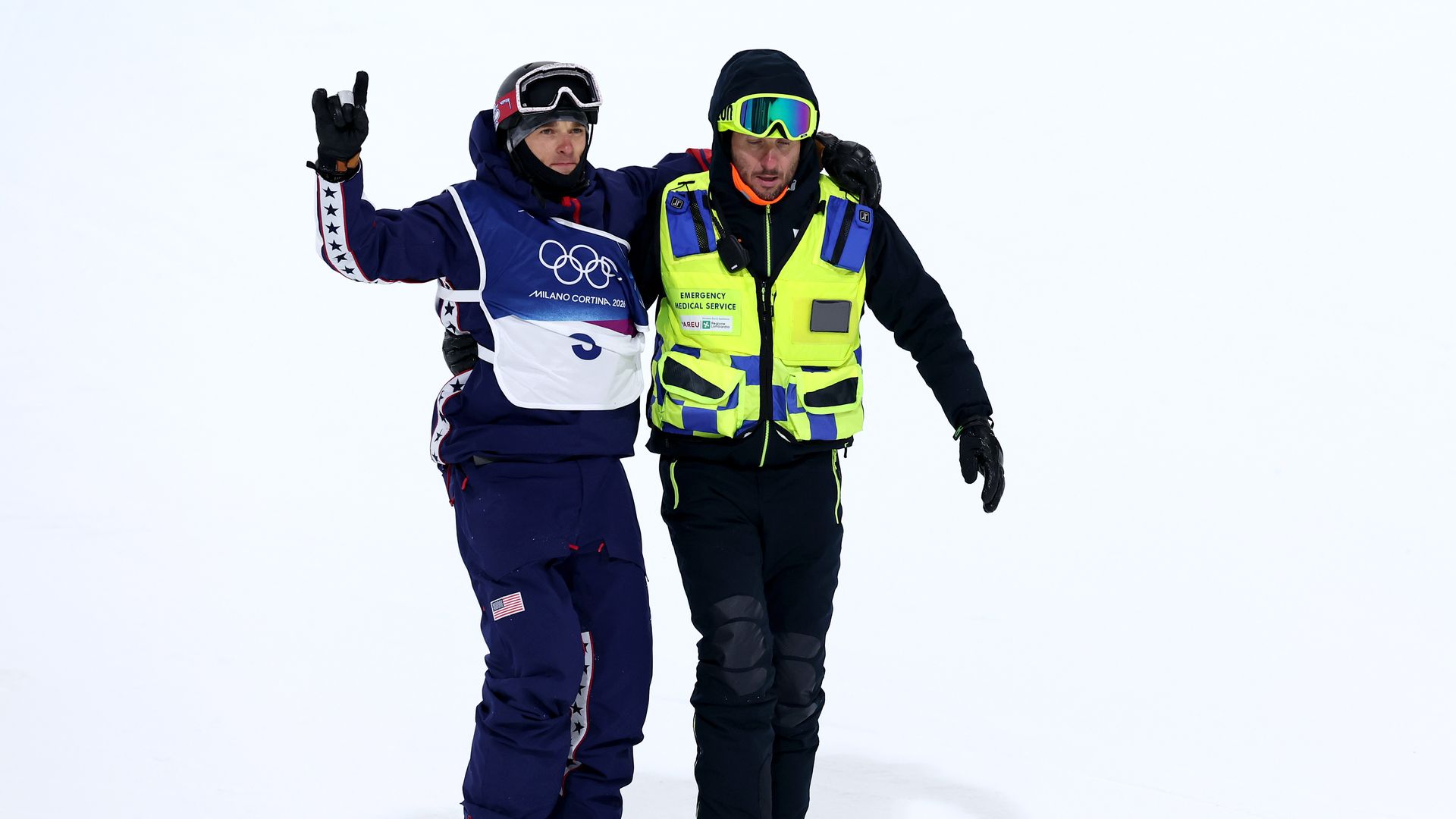 Nick Goepper of Team United States reacts after crashing as he competes in the third run of the Men's Freeski Halfpipe Final on day fourteen of the Milano Cortina 2026 Winter Olympic games at Livigno Snow Park on February 20, 2026 in Livigno, Italy. (Photo by Cameron Spencer/Getty Images)