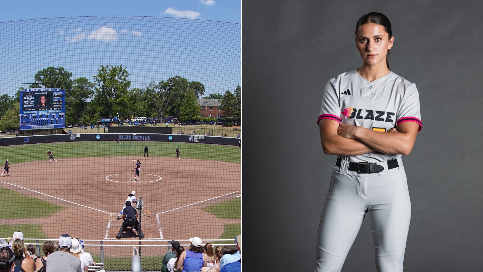 Split screen: Left photo is Duke University's softball field on a sunny day. Right is Carolina Blaze player Ana Gold in uniform crossing her arms in a press photo.