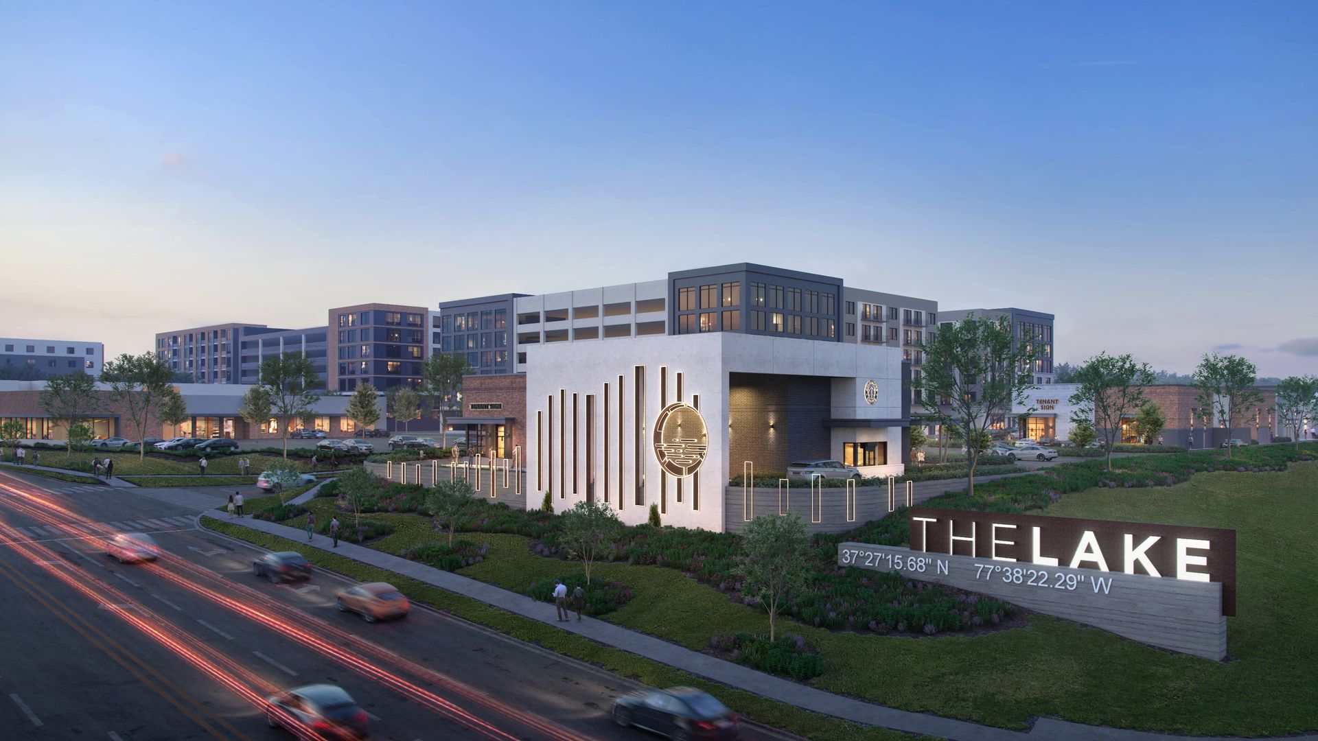 A rendering showing the a building and a big sign that says THE LAKE 