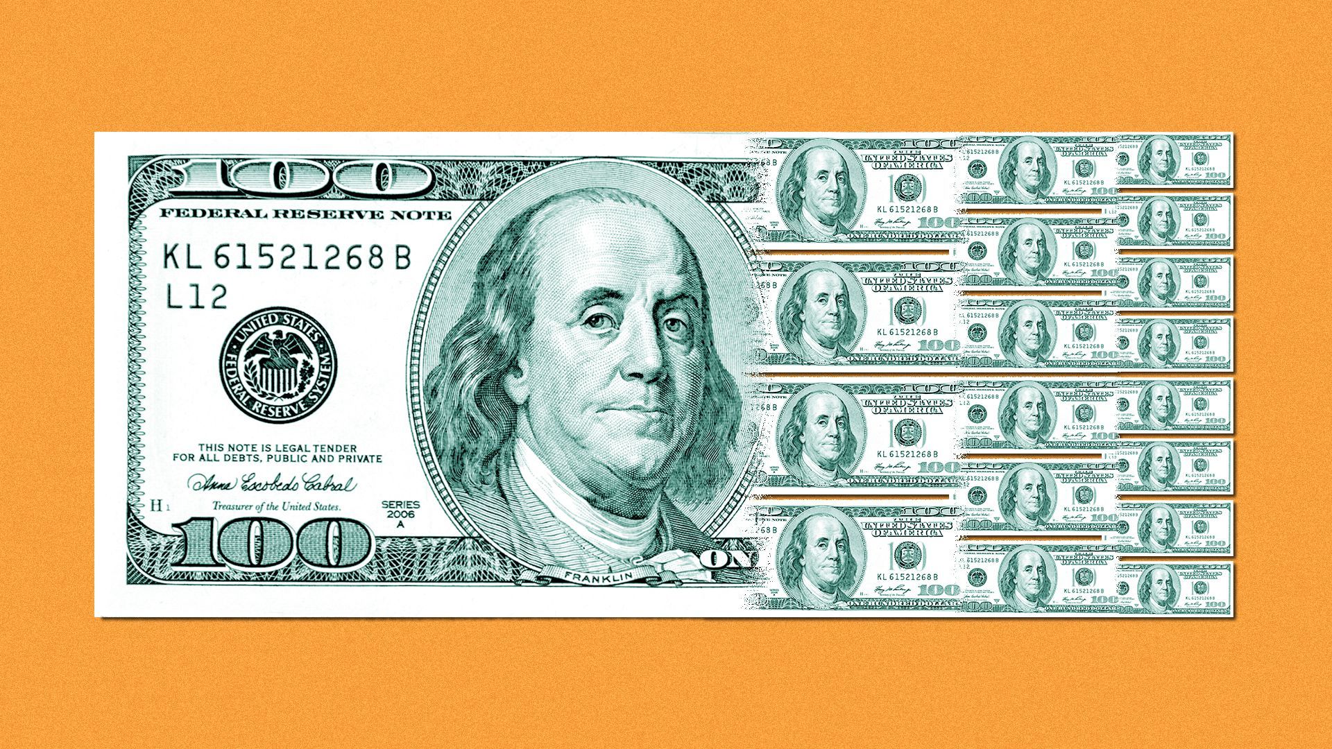 Illustration of a hundred-dollar bill breaking into smaller hundred-dollar bills.