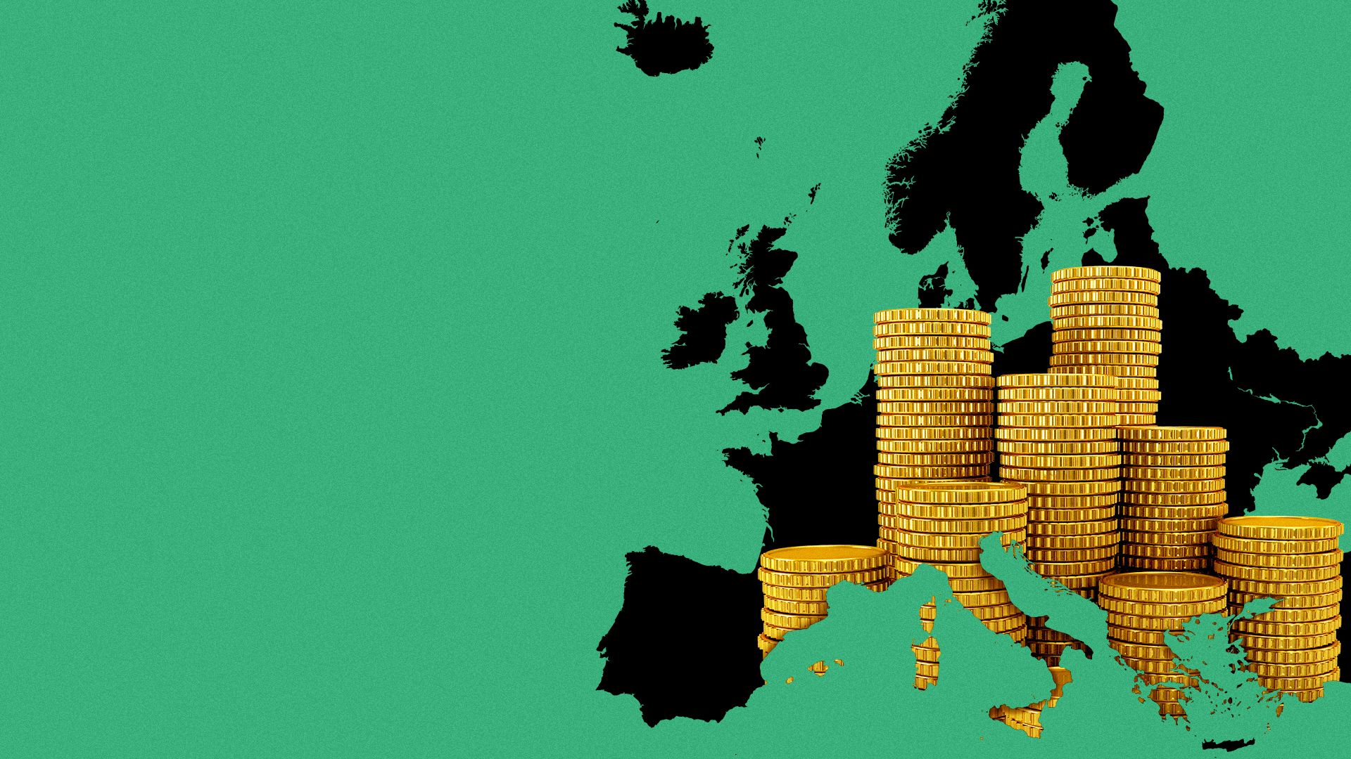 Illustration of gold coins inside of the shape of Europe.