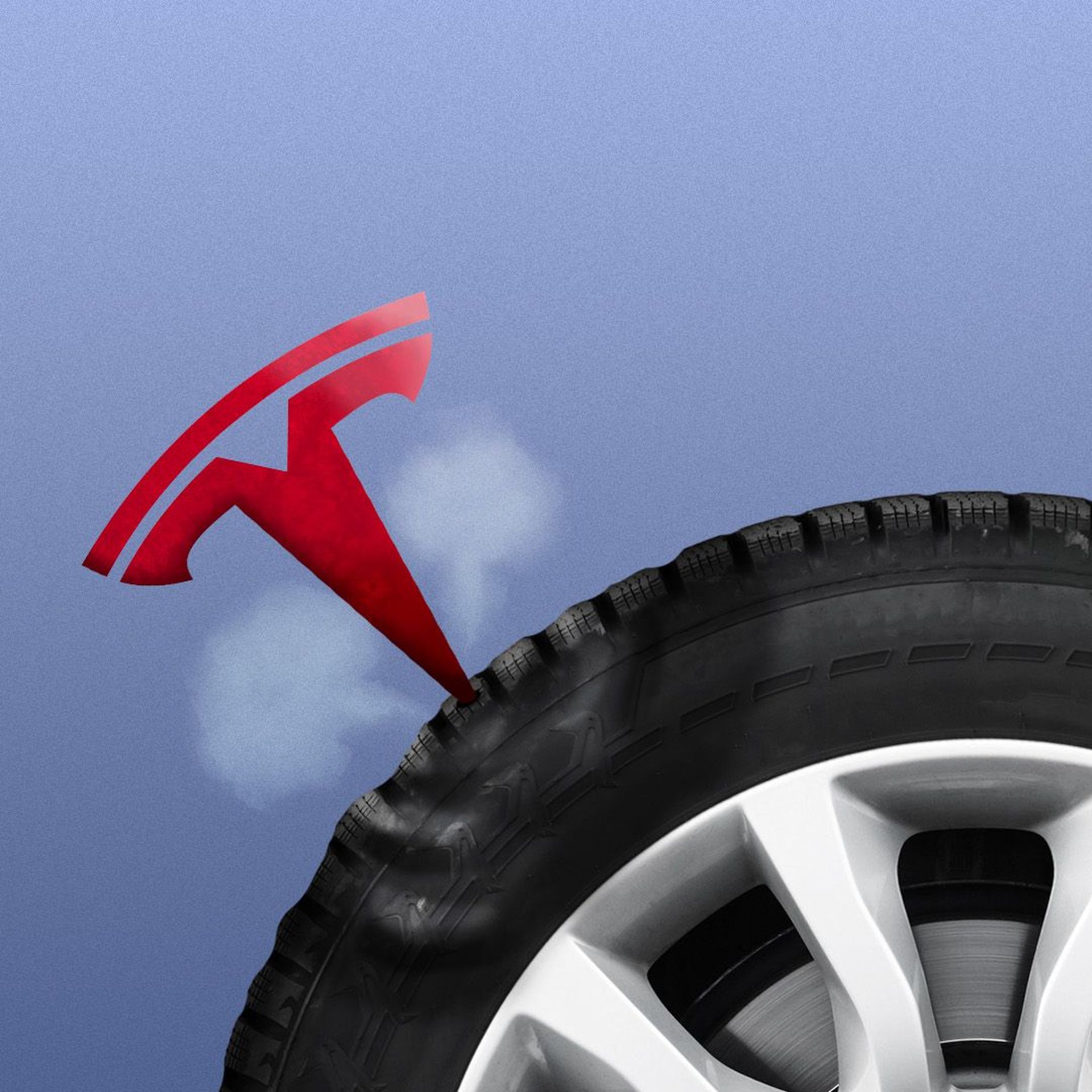 Illustration of the Tesla logo puncturing a tire like a nail