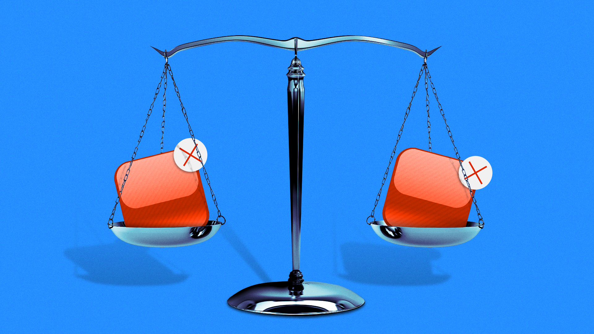 Illustration of scales of justice holding apps with the deleted X