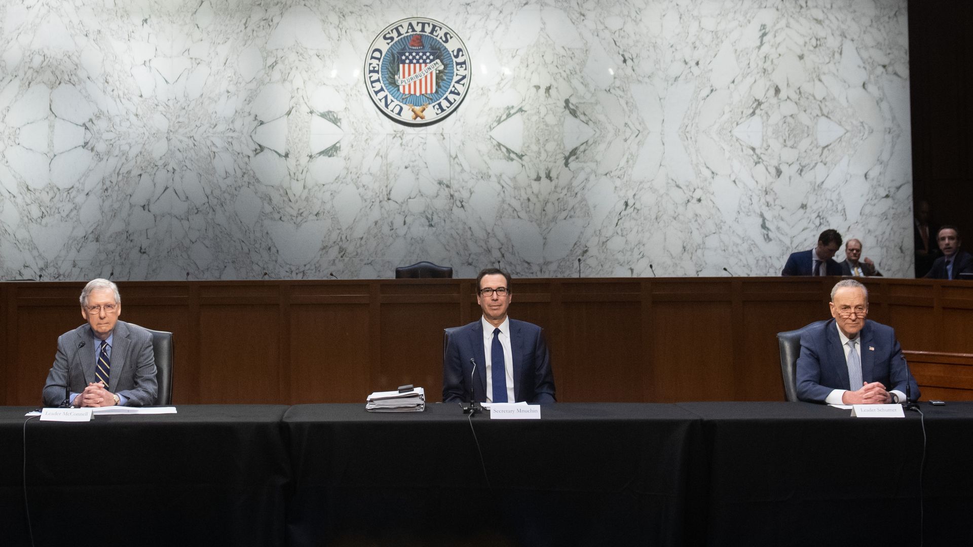 Senate Majority Leader Mitch McConnell, Secretary of Treasury Steven Mnuchin, and Senate Minority Leader Chuck Schumer hold a meeting to discuss a potential economic bill 