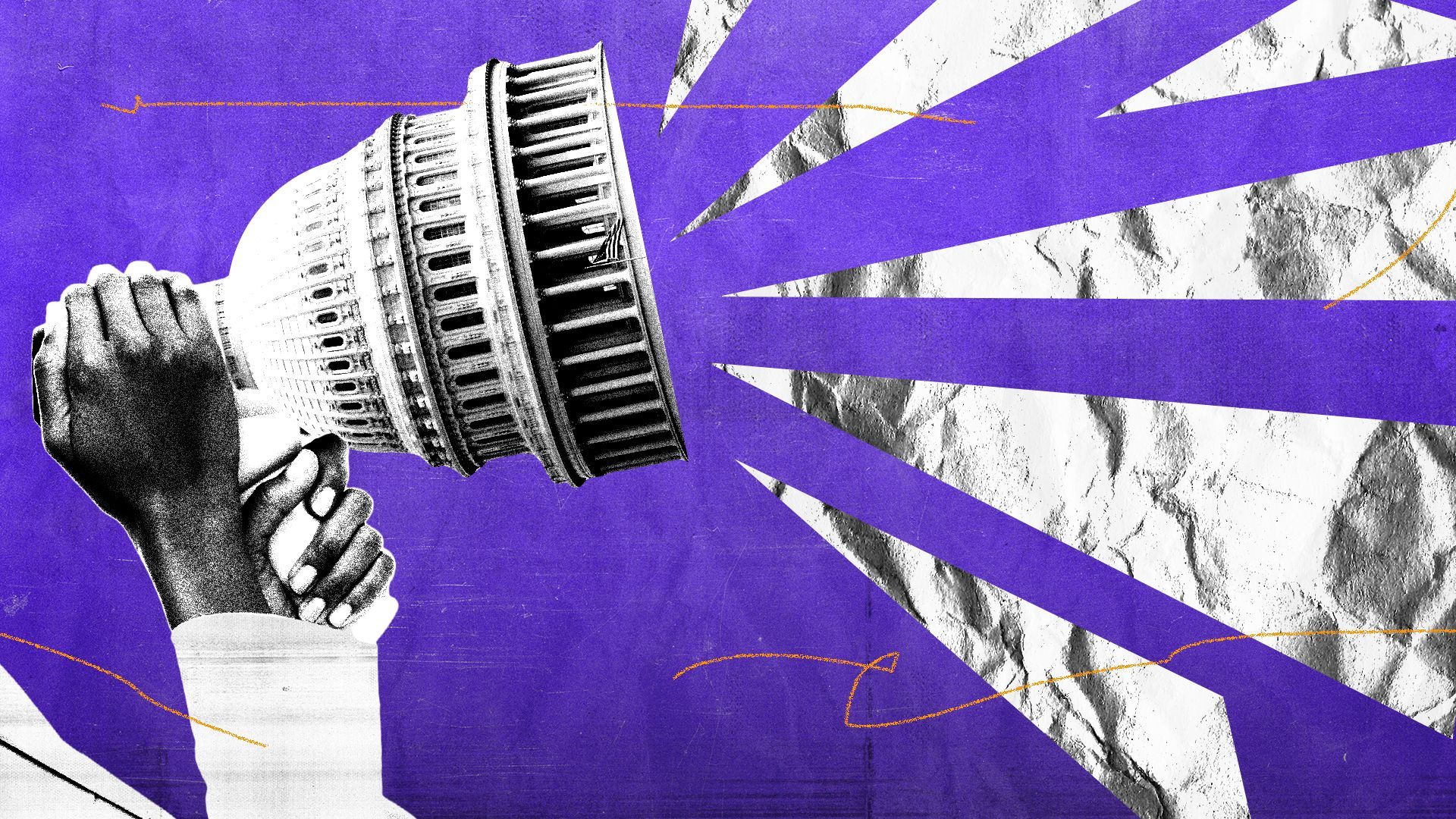 Illustration of a person holding the US Capitol building as a megaphone with abstract shapes emerging.