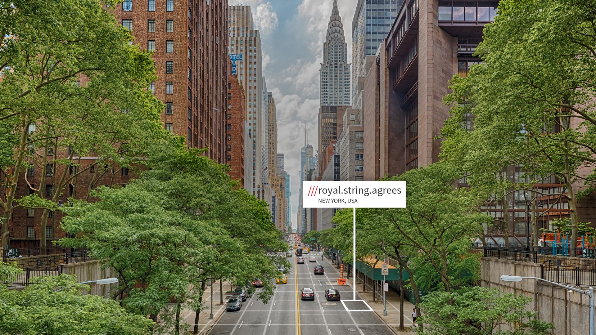 Image of a 10-foot square block of pavement in NYC, identified by a three-word address.