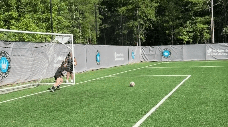 Person makes a diving save on a turf field in front of a goal. 