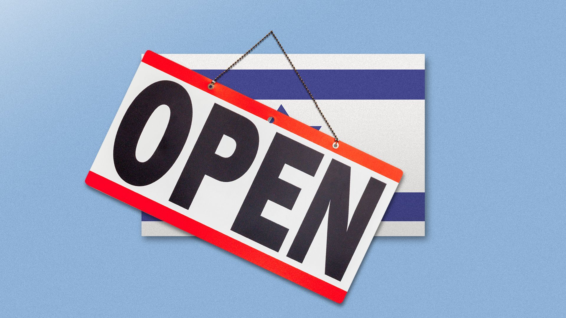 Illustration of a business "open" sign slipping to reveal an Israeli flag