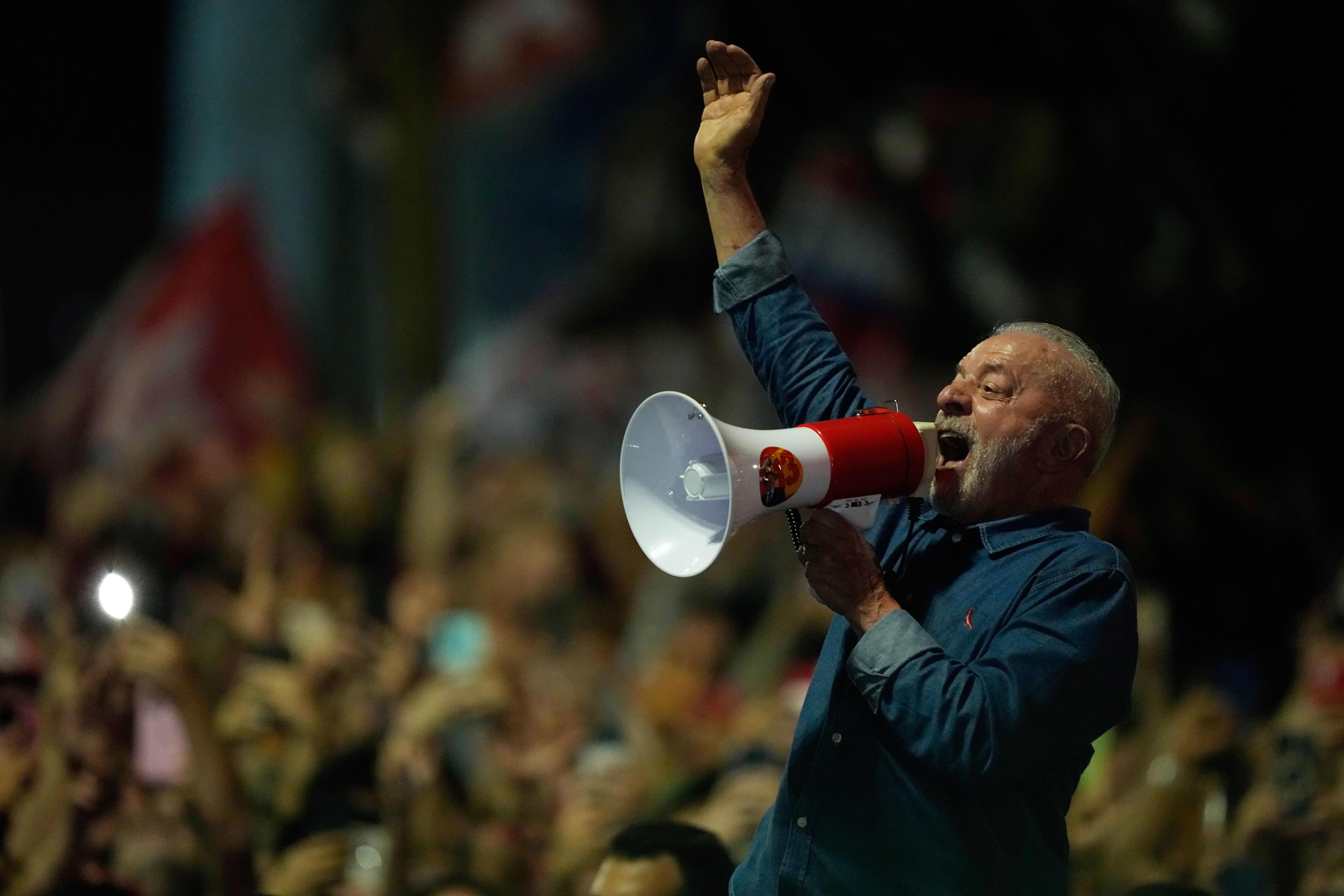 President Luiz Inacio Lula da Silva addresses supporters during a victory rally after winning a fourth term in the presidential runoff on Paulista Avenue in Sao Paulo, Brazil, Sunday, Oct. 25, 2026. (AP Photo/Natacha Pisarenko)