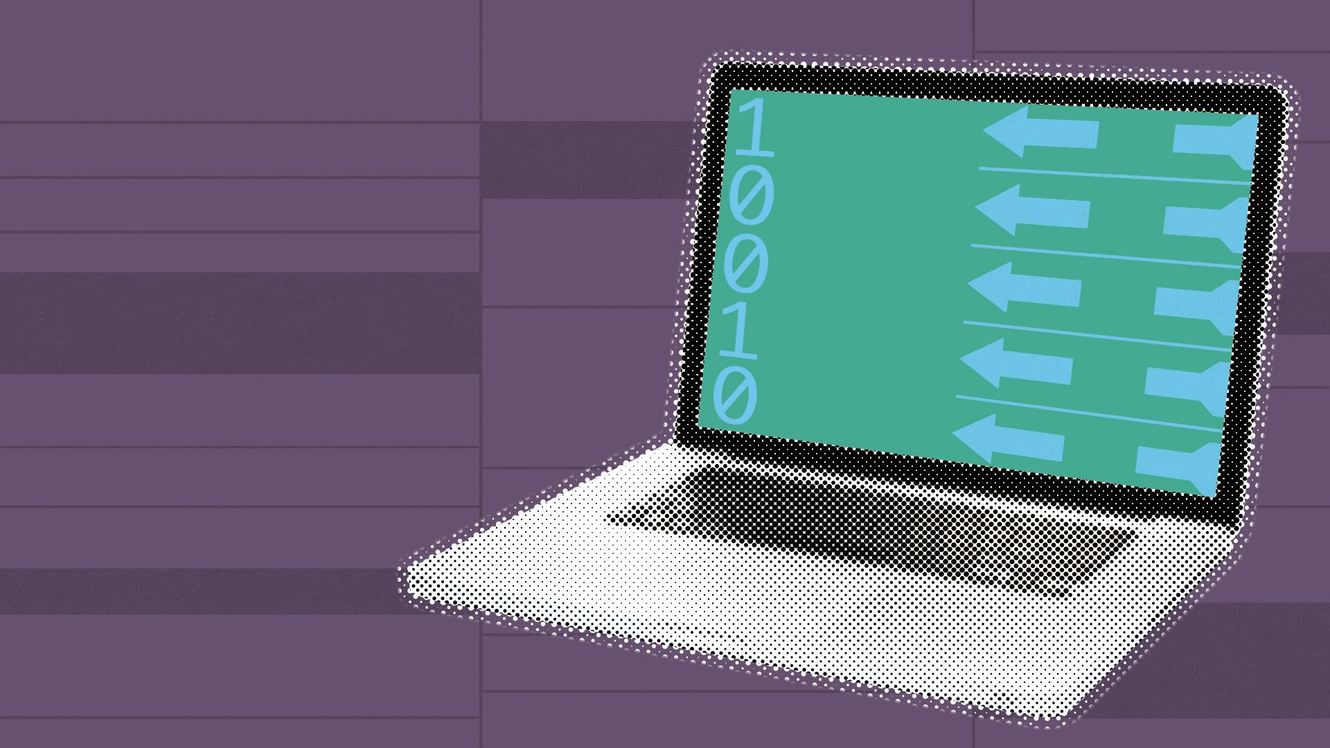 Illustration of a laptop with binary code and ballot iconography on it 