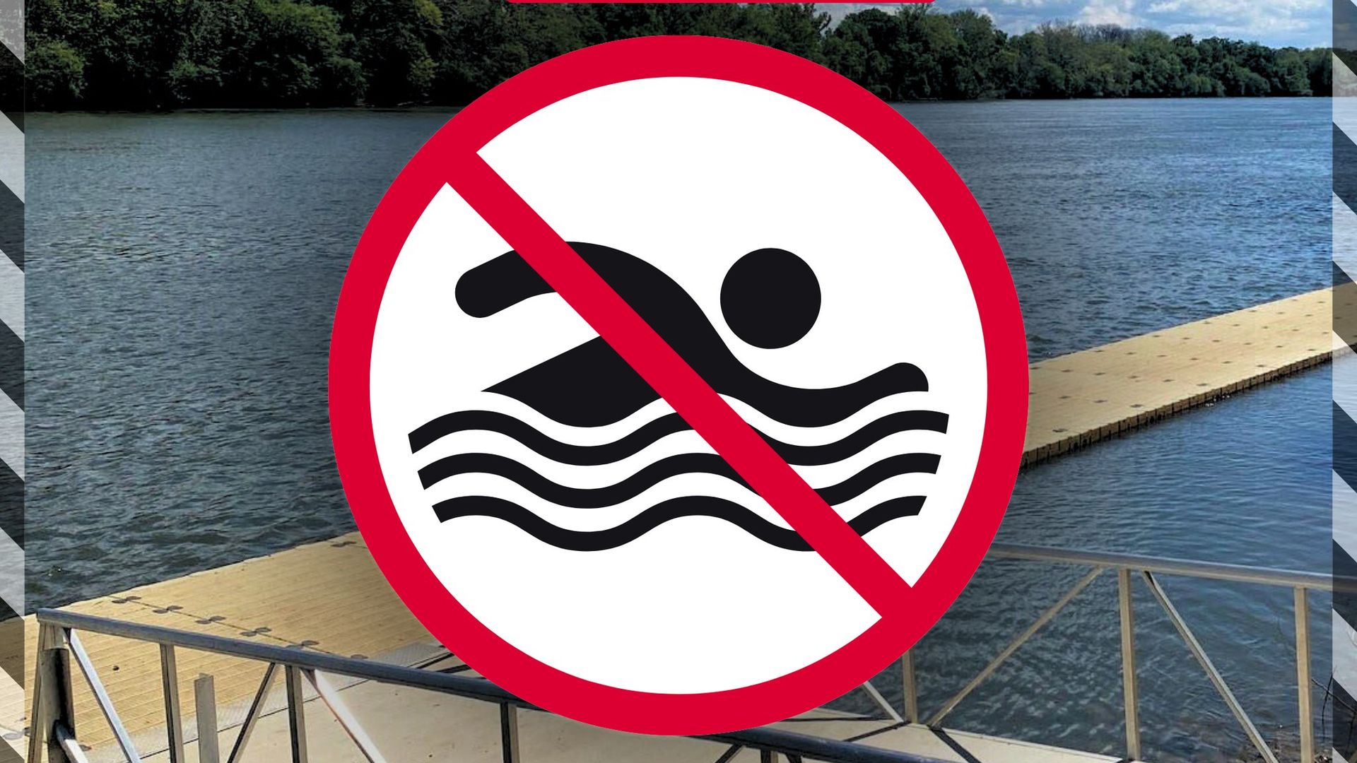 a picture of robious landing dock with a no swimming sign 