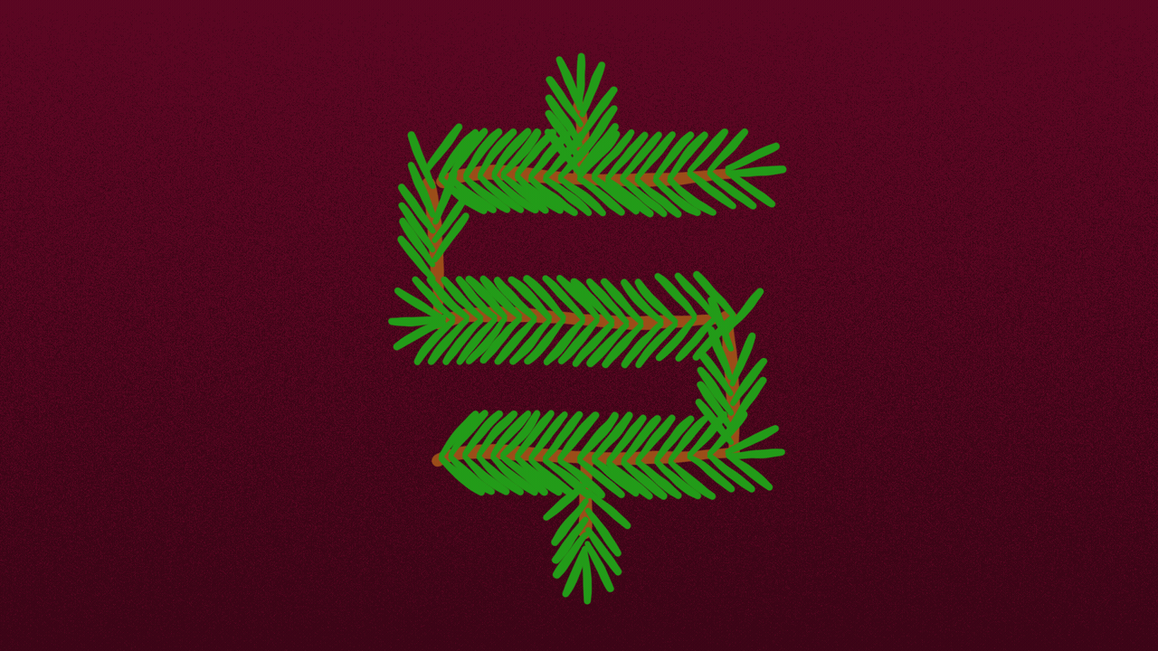 Illustration of a dollar sign made of christmas tree leaves, which fall off and grow back. 