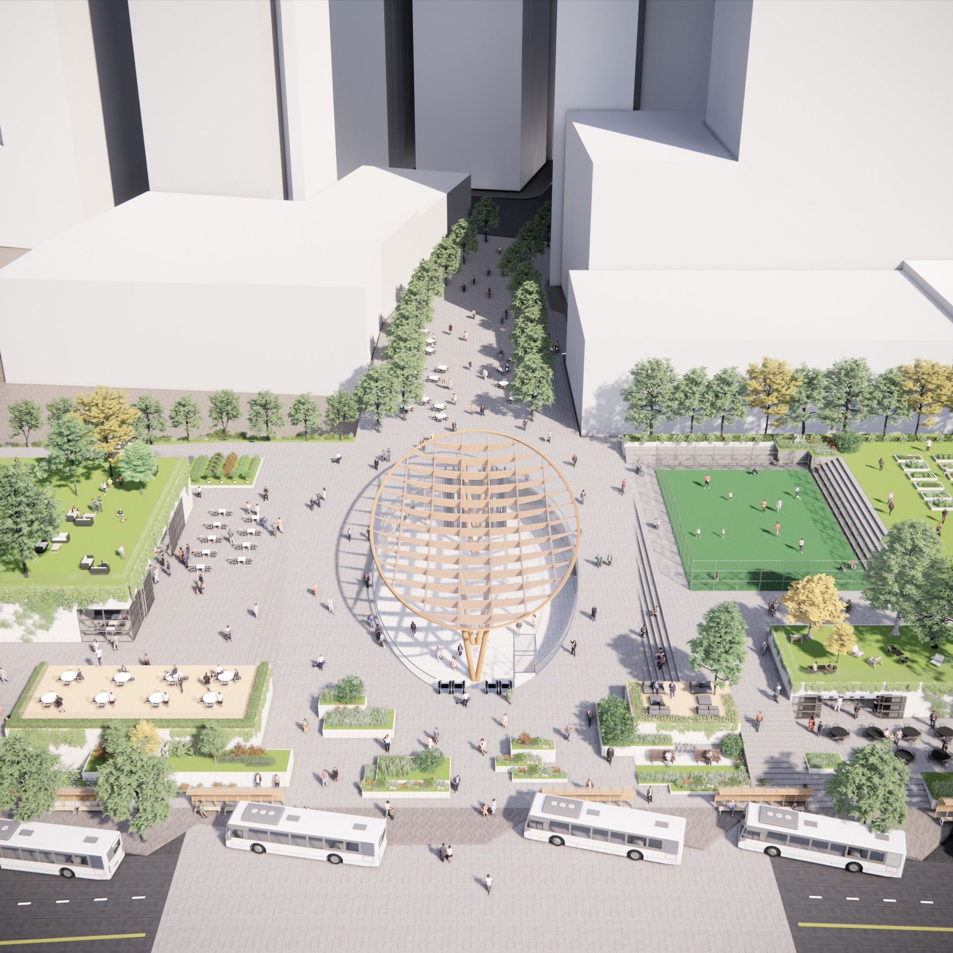 An aerial rendering of MARTA's Five Points station with a greener plaza and no large concrete canopy