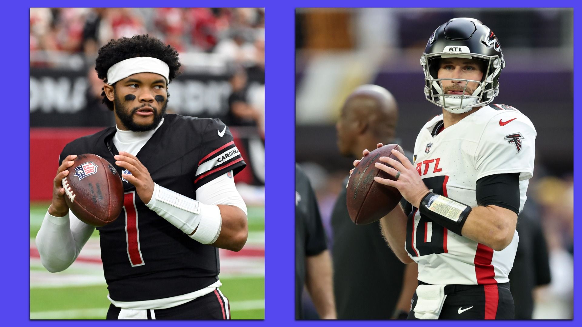 Side-by-side images of two NFL quarterbacks preparing to throw a football, one in a black Cardinals jersey with white headband, the other in a white Falcons jersey with black helmet.