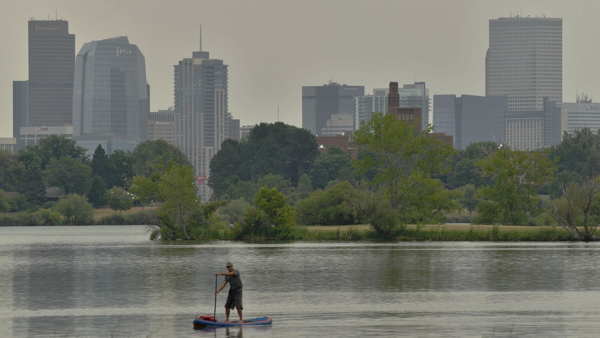 A hazy view of the downtown Denver skyline from Sloan Lake. Photo: Hyoung Chang/Denver Post via Getty Images
