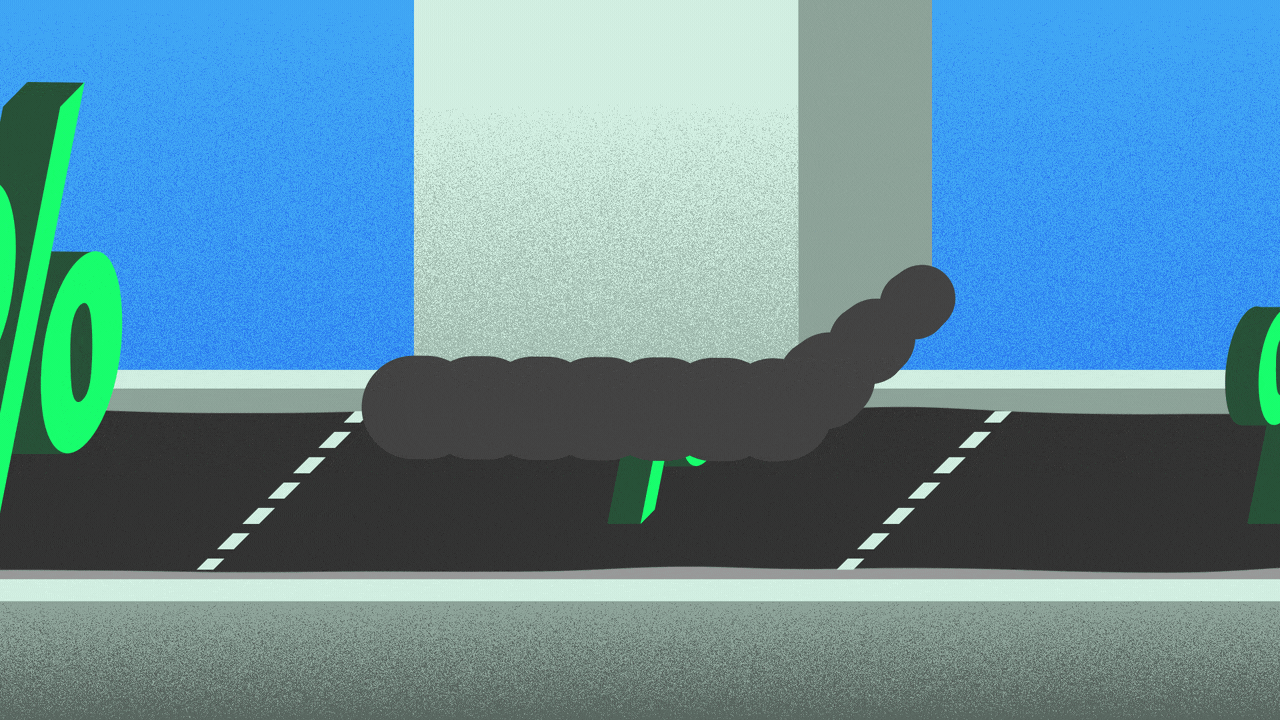 Illustration of a conveyor belt with percent symbols on it, which are being shrunk by a machine lowering from above.