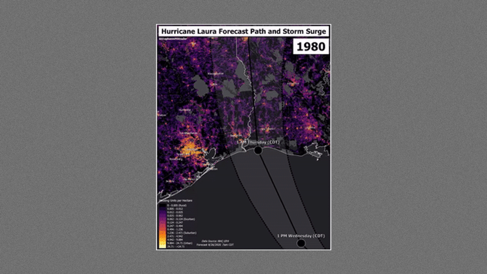 GIF of increase in population density in the path of Hurricane Laura over past 40 years.