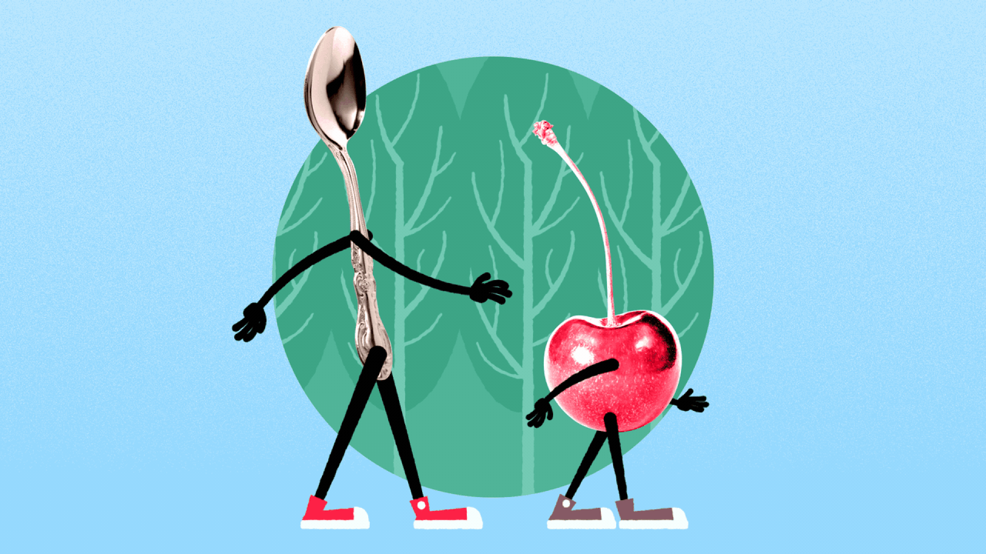 Illustration of a spoon and cherry, both with arms and legs, walking. 