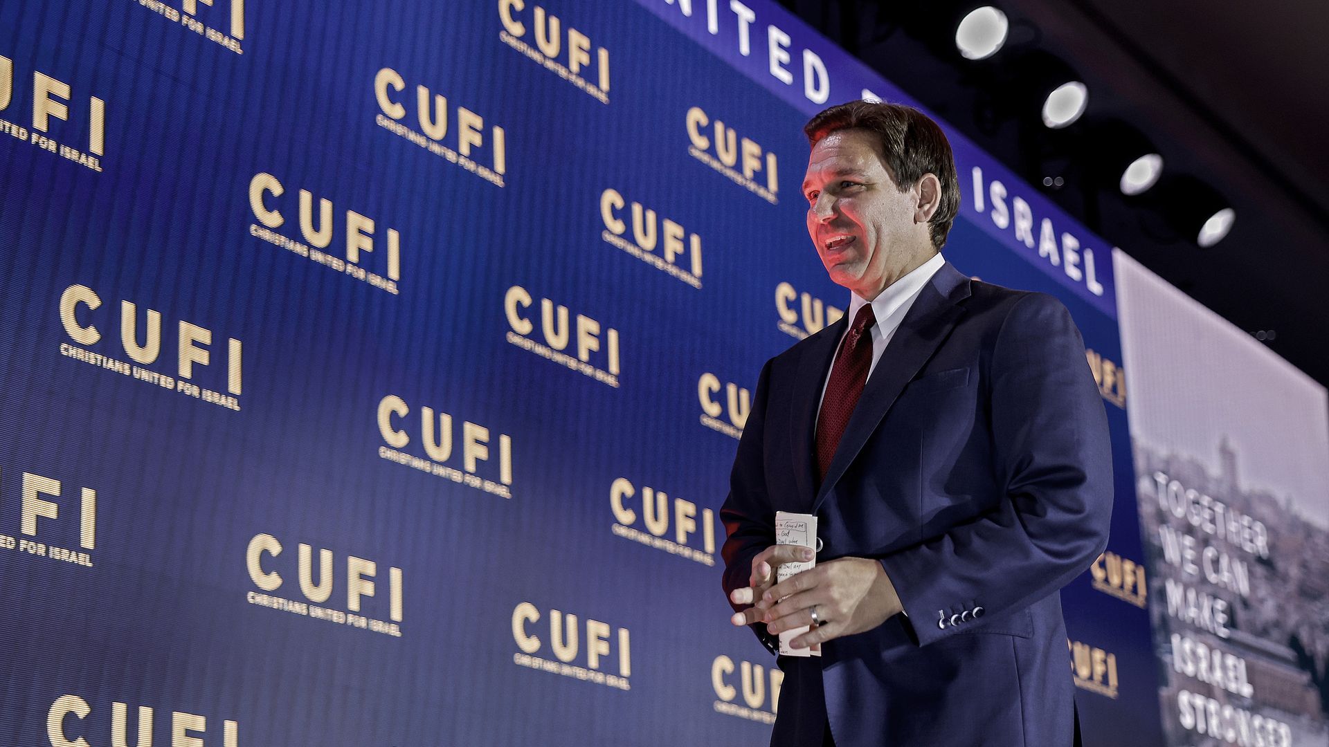Republican presidential candidate Florida Governor Ron DeSantis departs after delivering remarks at the 2023 Christians United for Israel (CUFI) summit on July 17, 2023 in Arlington, Virginia