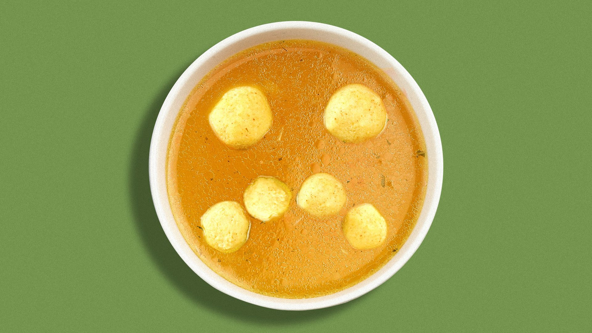 Illustration of matzo balls forming a sad face in a bowl of broth.