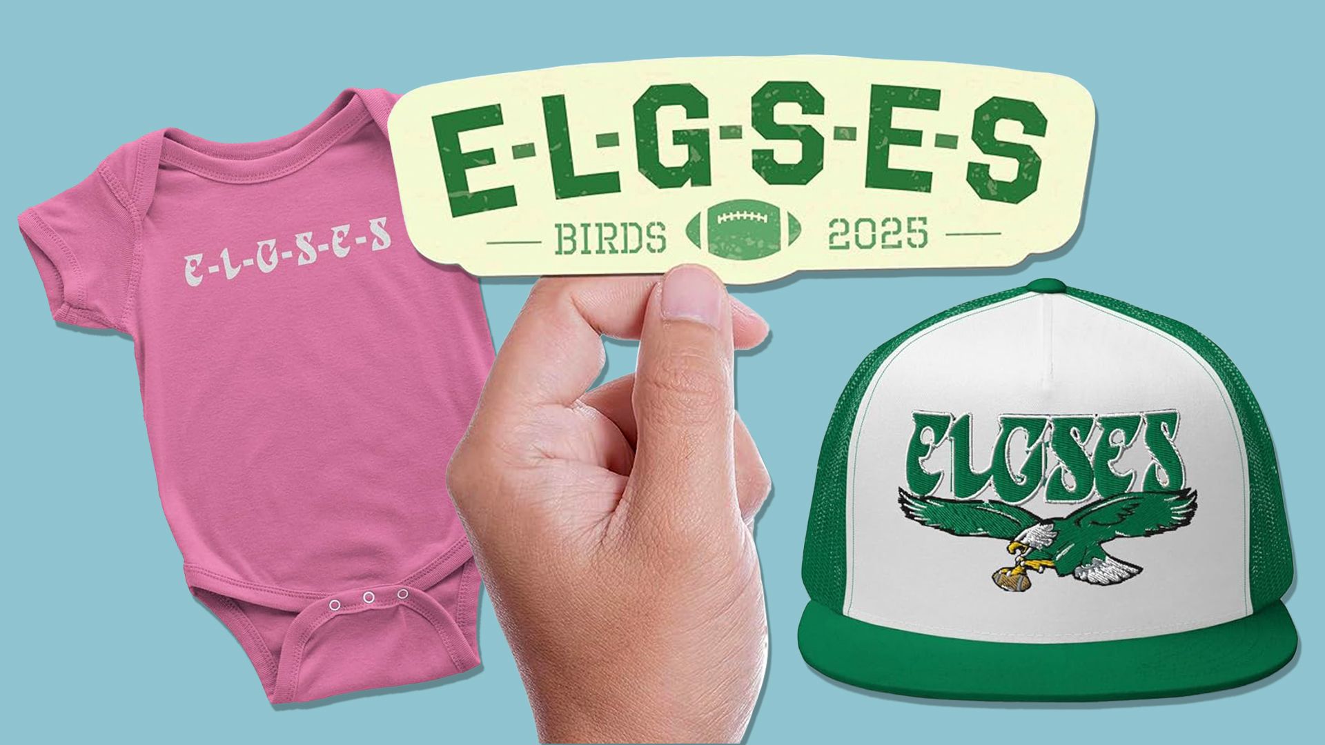 Hand holding a sticker reading "ELGSES" with a football icon, pink baby onesie with "E-L-G-S-E-S" and hat showing "ELGSES."