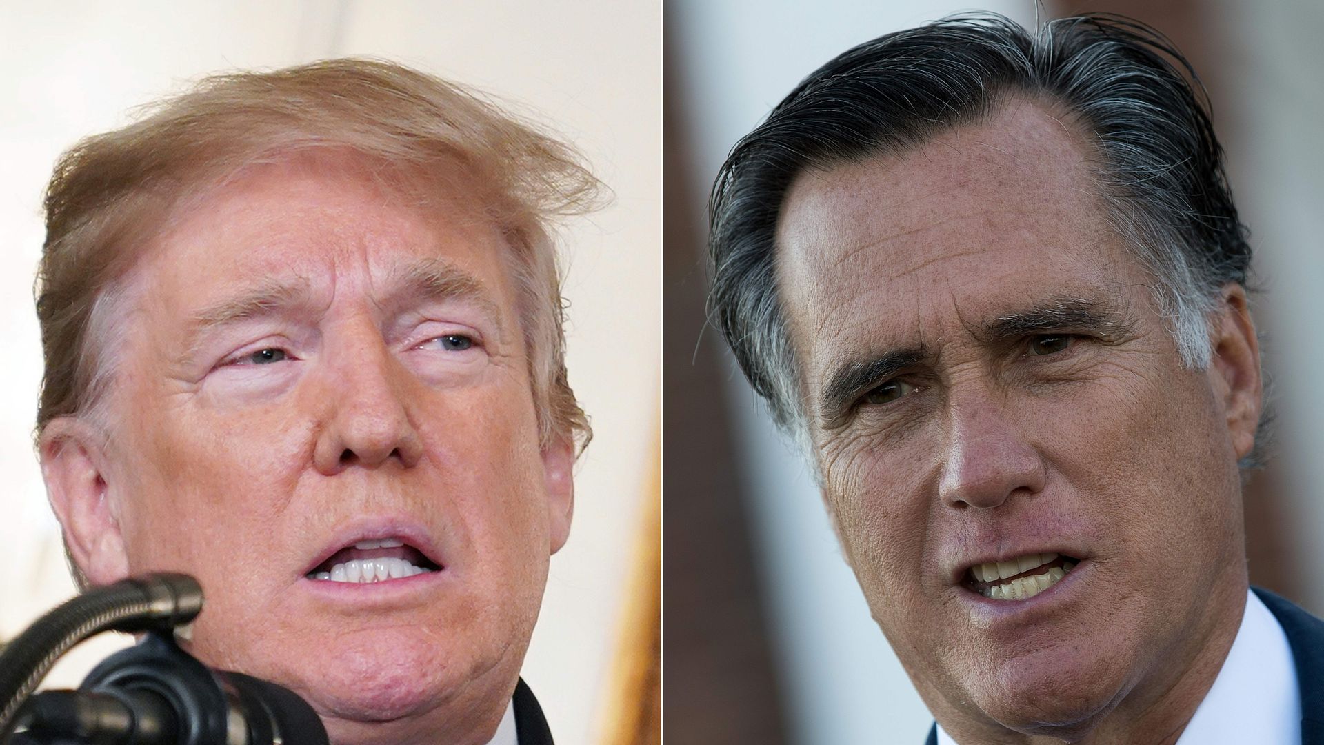 This image is a split screen of Trump and Romney.