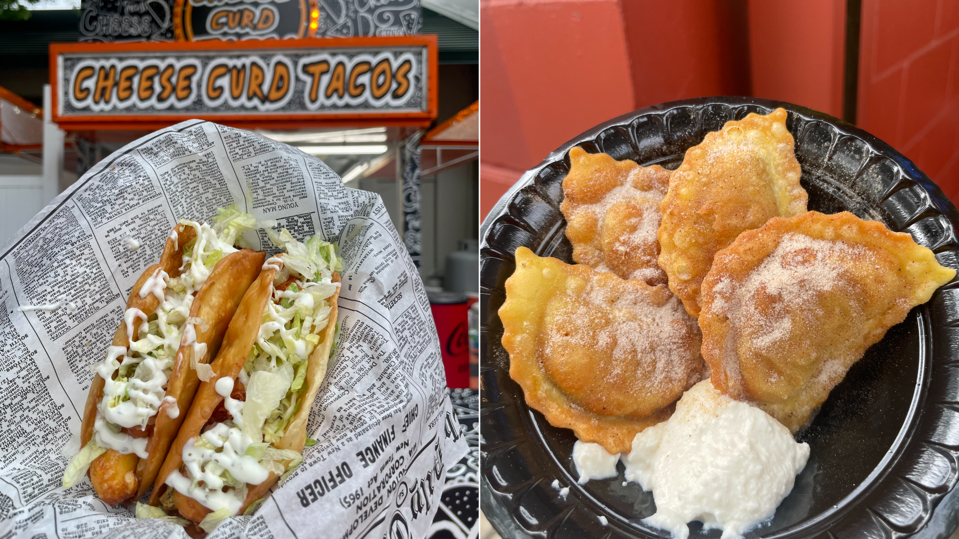 Photos of a cheese curd taco and deep-fried sweet potato ravioli