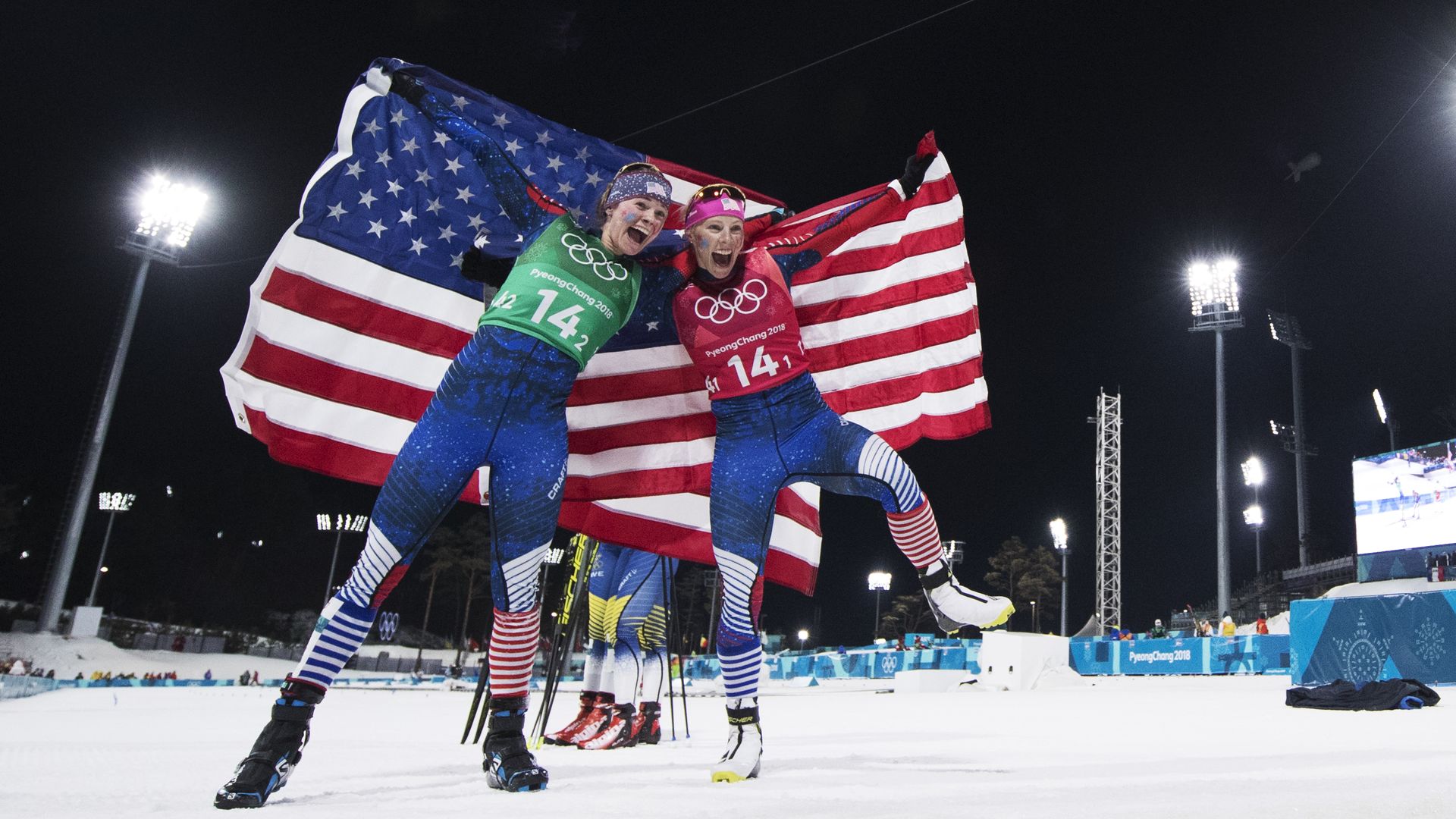 Kikkan Randall and Jessica Diggins at the Olympics.