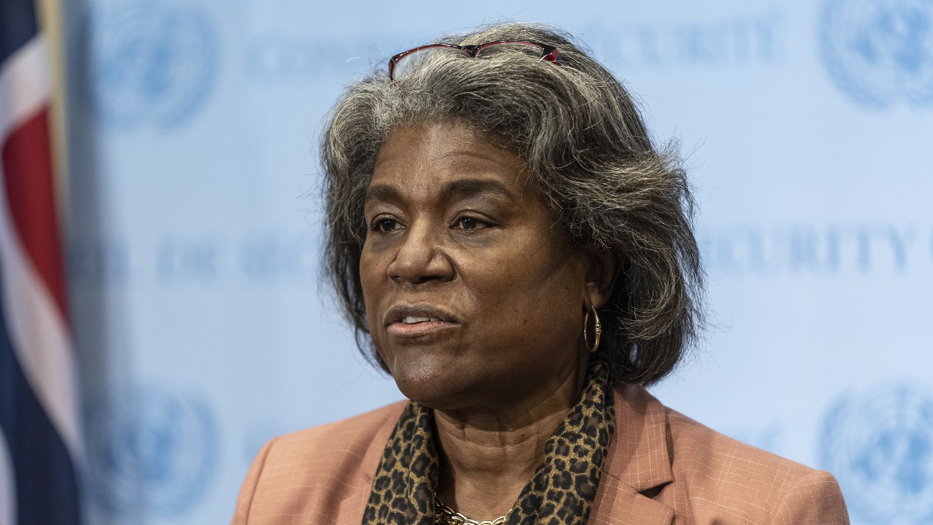 US Permanent Representative to the UN Linda Thomas-Greenfield briefs media after Security Council meeting on situation on Ukraine-Russia tensions at UN Headquarters.