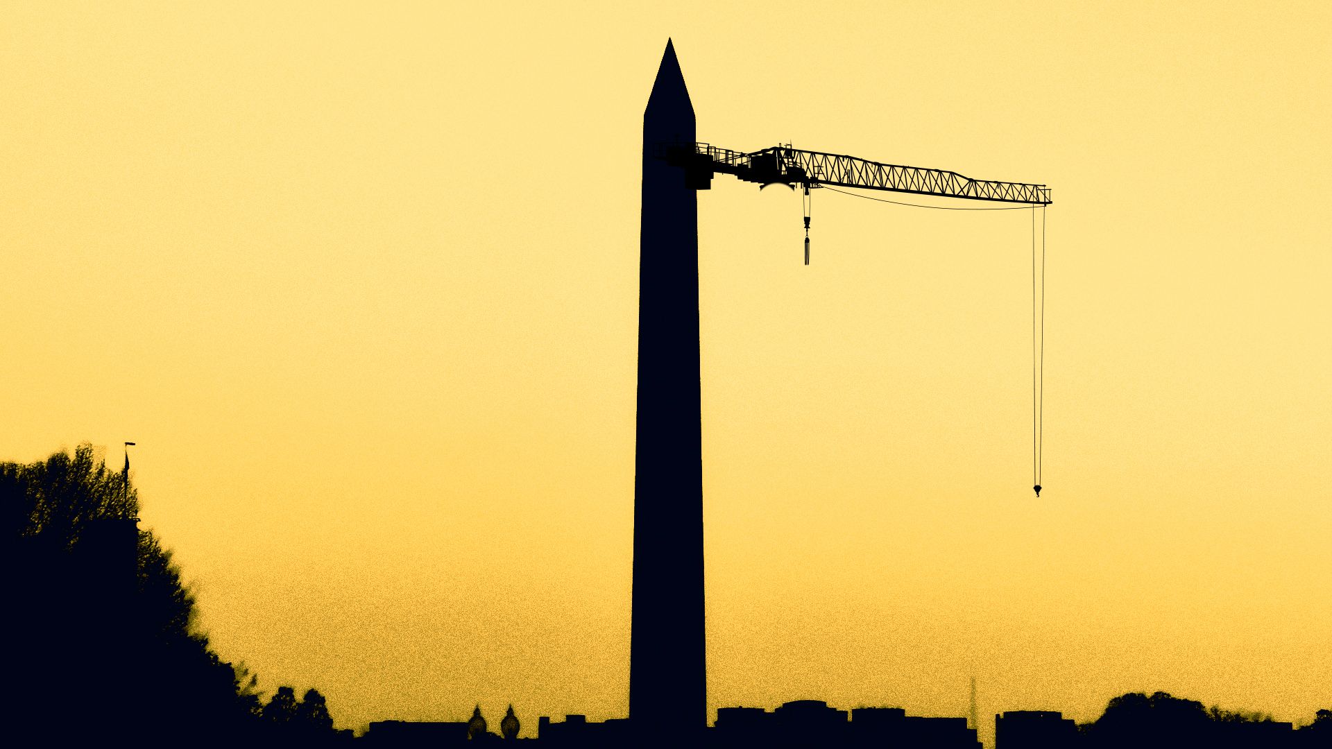 Illustration of The Washington Monument stylized as a crane against a golden background. 