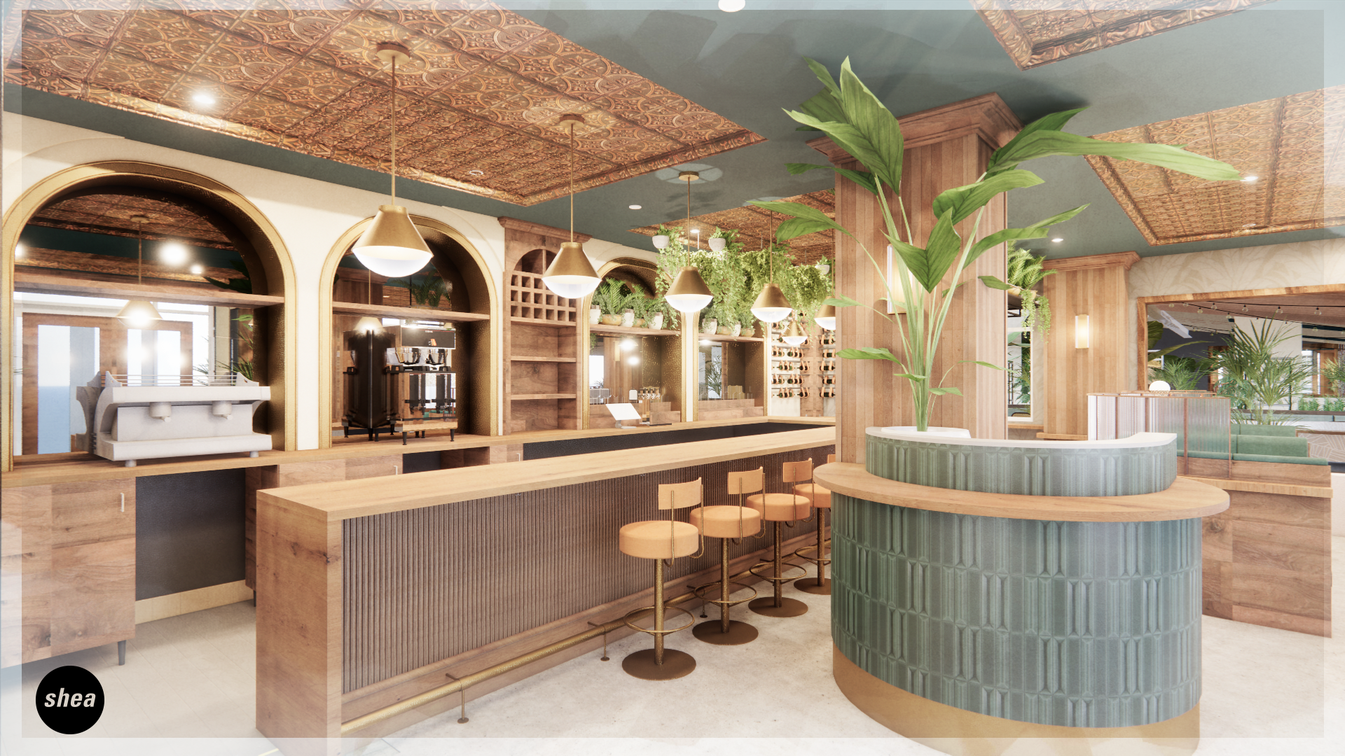 A rendering of a bar with like wood and stools and plants