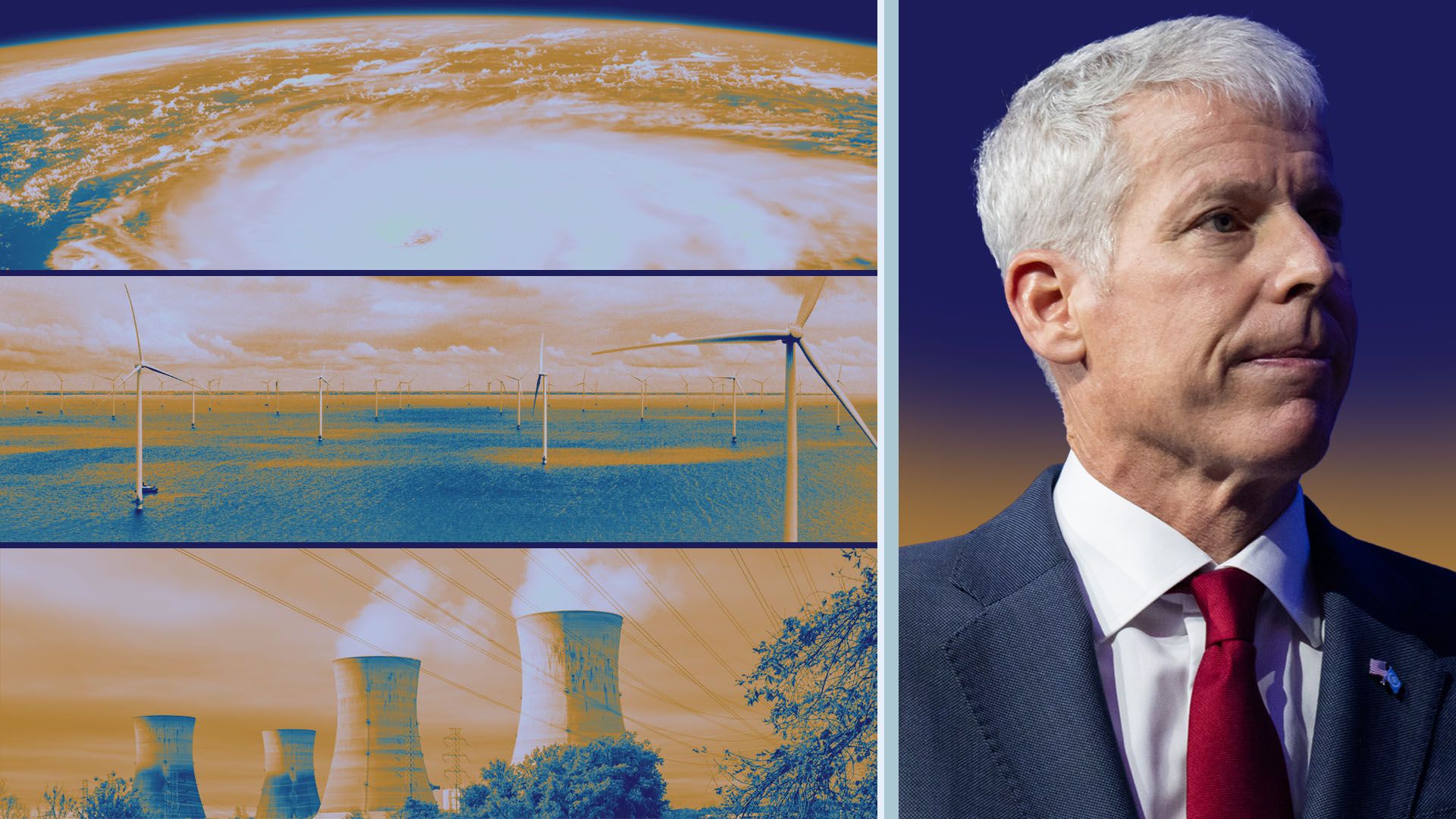 Photo illustration of Secretary of Energy Chris Wright next to images of a hurricane over the earth, offshore wind turbines, and a nuclear power plant