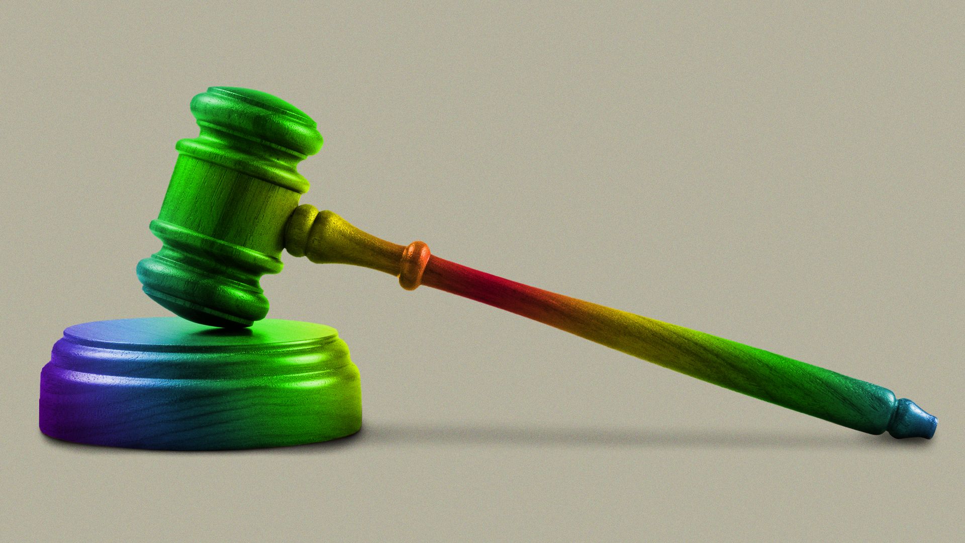Illustration of a rainbow-colored gavel. 
