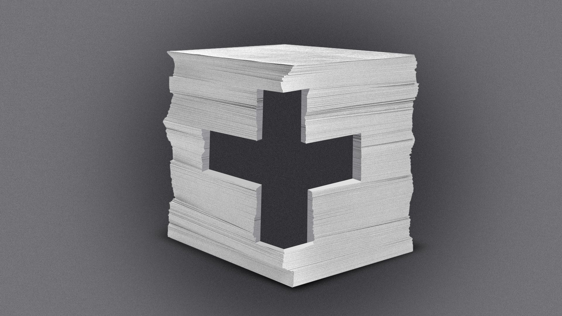 Illustration of a stack of papers with a health cross cut out from the center. 